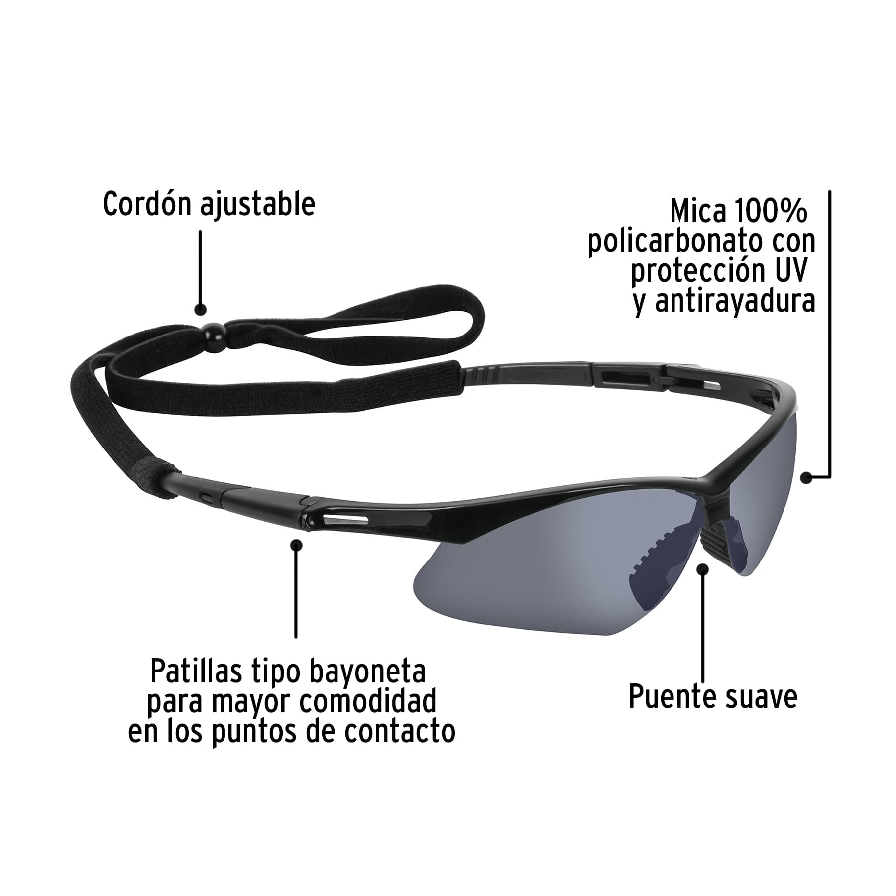 Lentes seguridad espejo plata con cordón ajustable, Sport