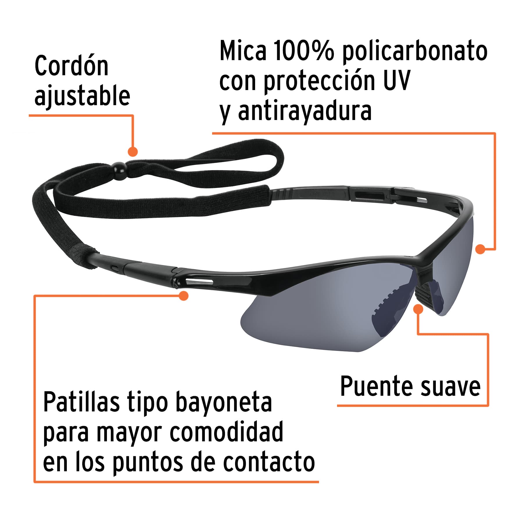 Lentes seguridad espejo plata con cordón ajustable, Sport