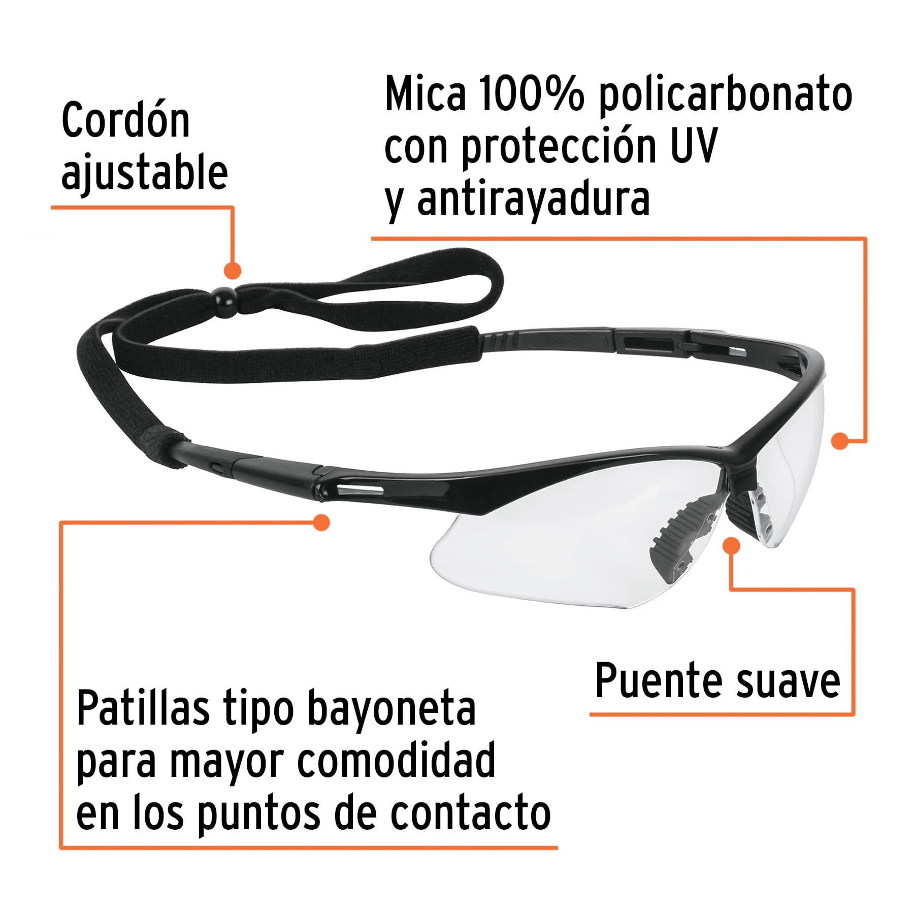 Lentes seguridad claros antiempaño con cordón ajustable, Sport