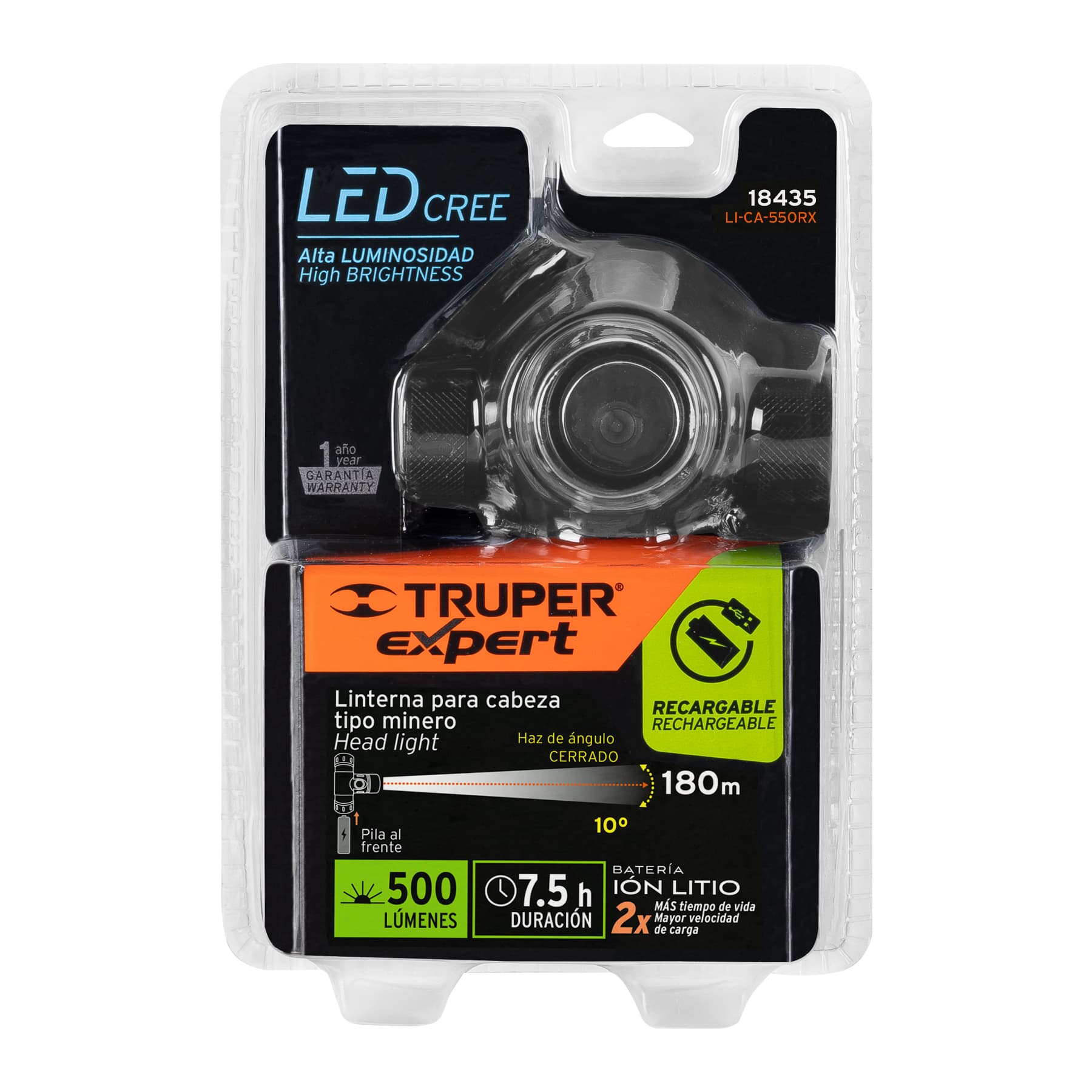 Linterna de minero LED 500 lm, recargable, Truper Expert