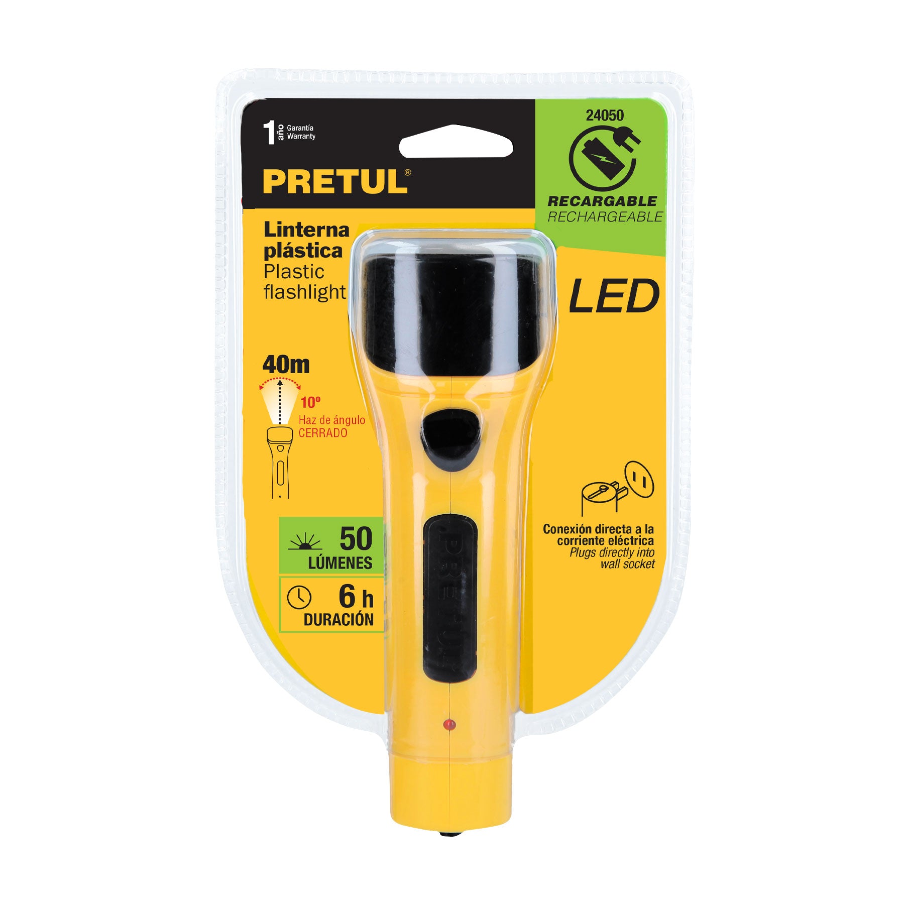 Linterna plástica de LED, 50 lm, recargable, Pretul