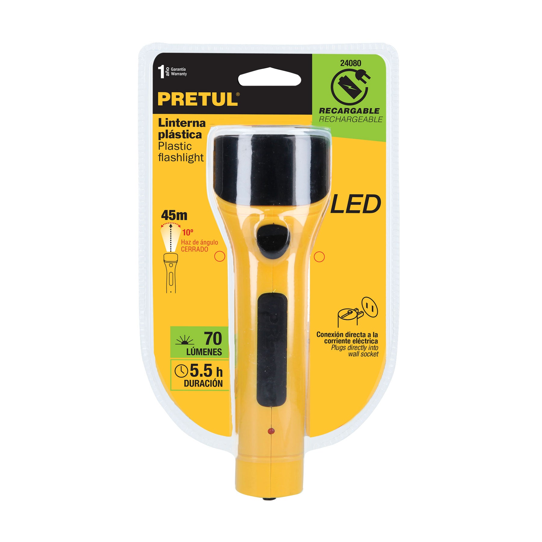Linterna plástica de LED, 70 lm, recargable, Pretul