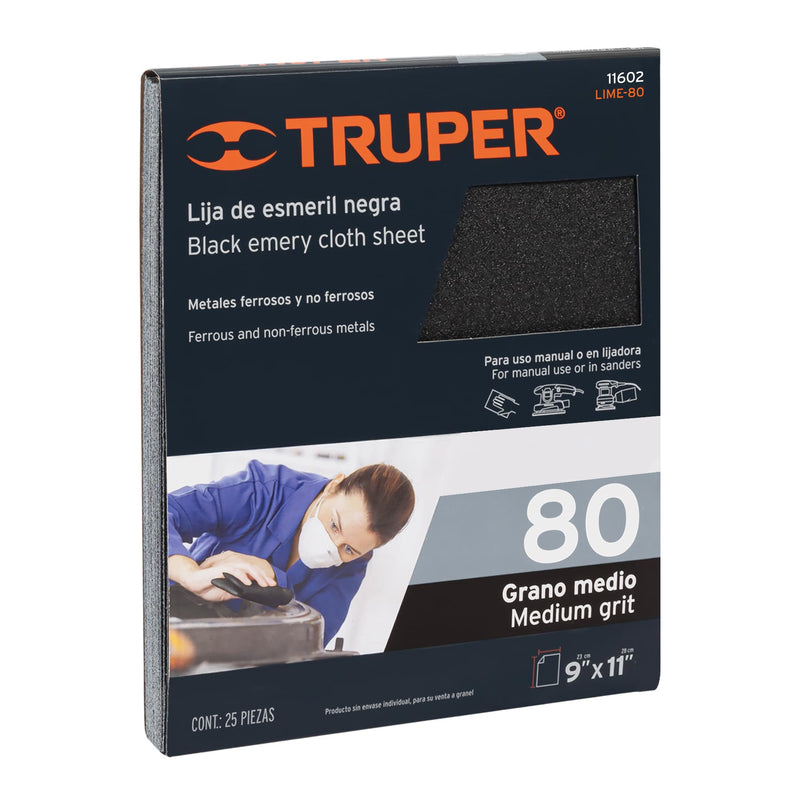 Lija de esmeril negra grano 80 de óxido de aluminio,  Truper