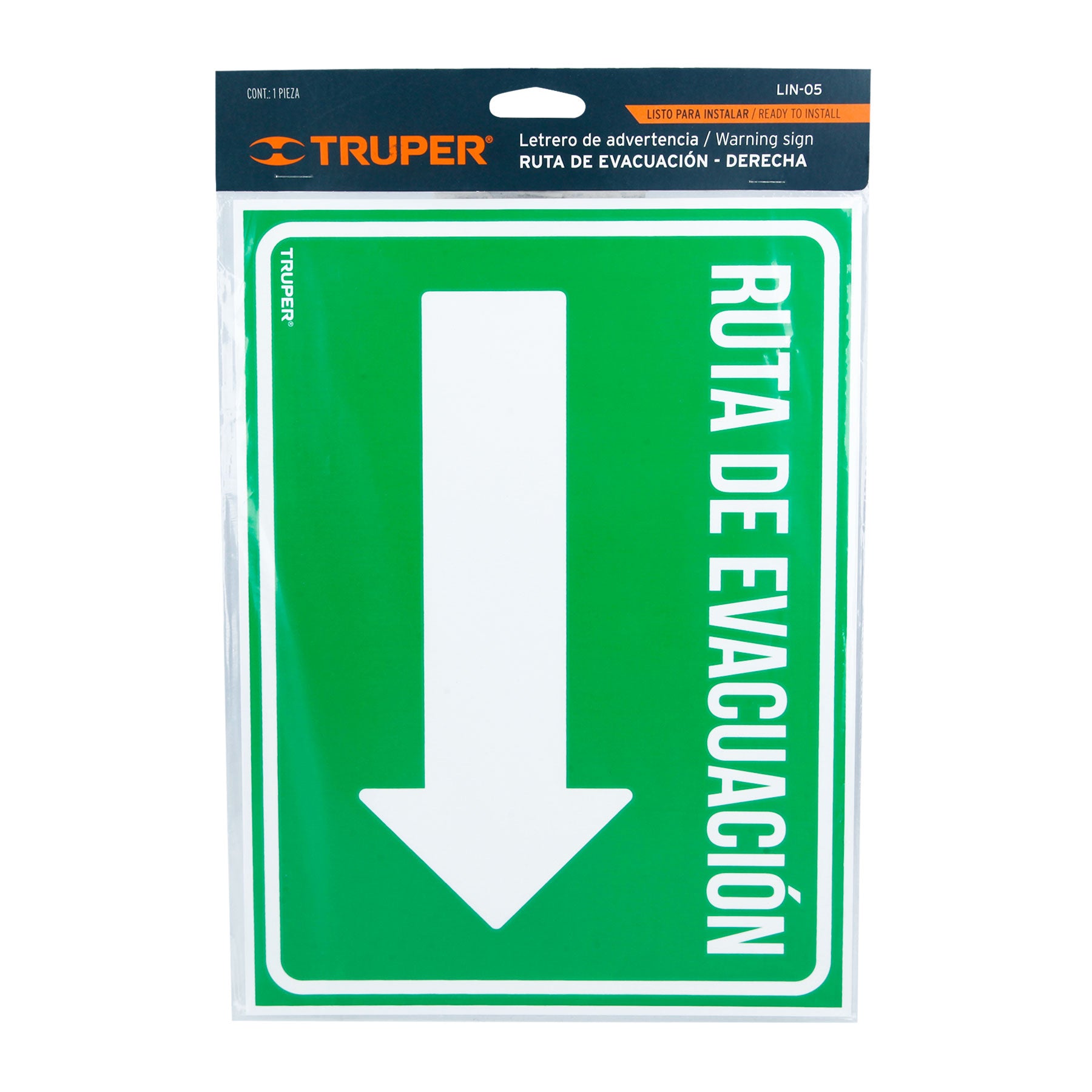 Letrero de señalización "RUTA EVACUACIÓN DERECHA",21 x 28 cm