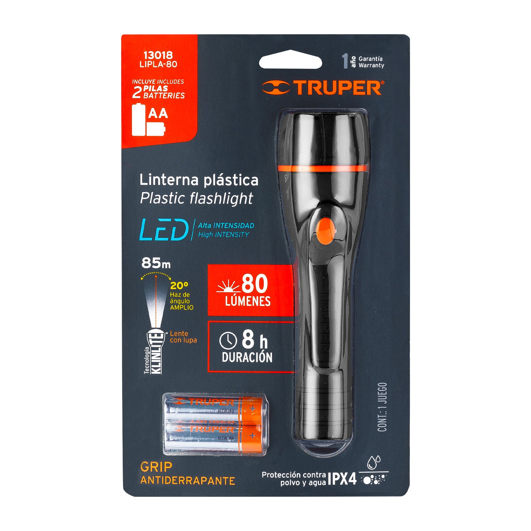 Linterna plástica 1 LED 80 lm con 2 pilas AA, Truper