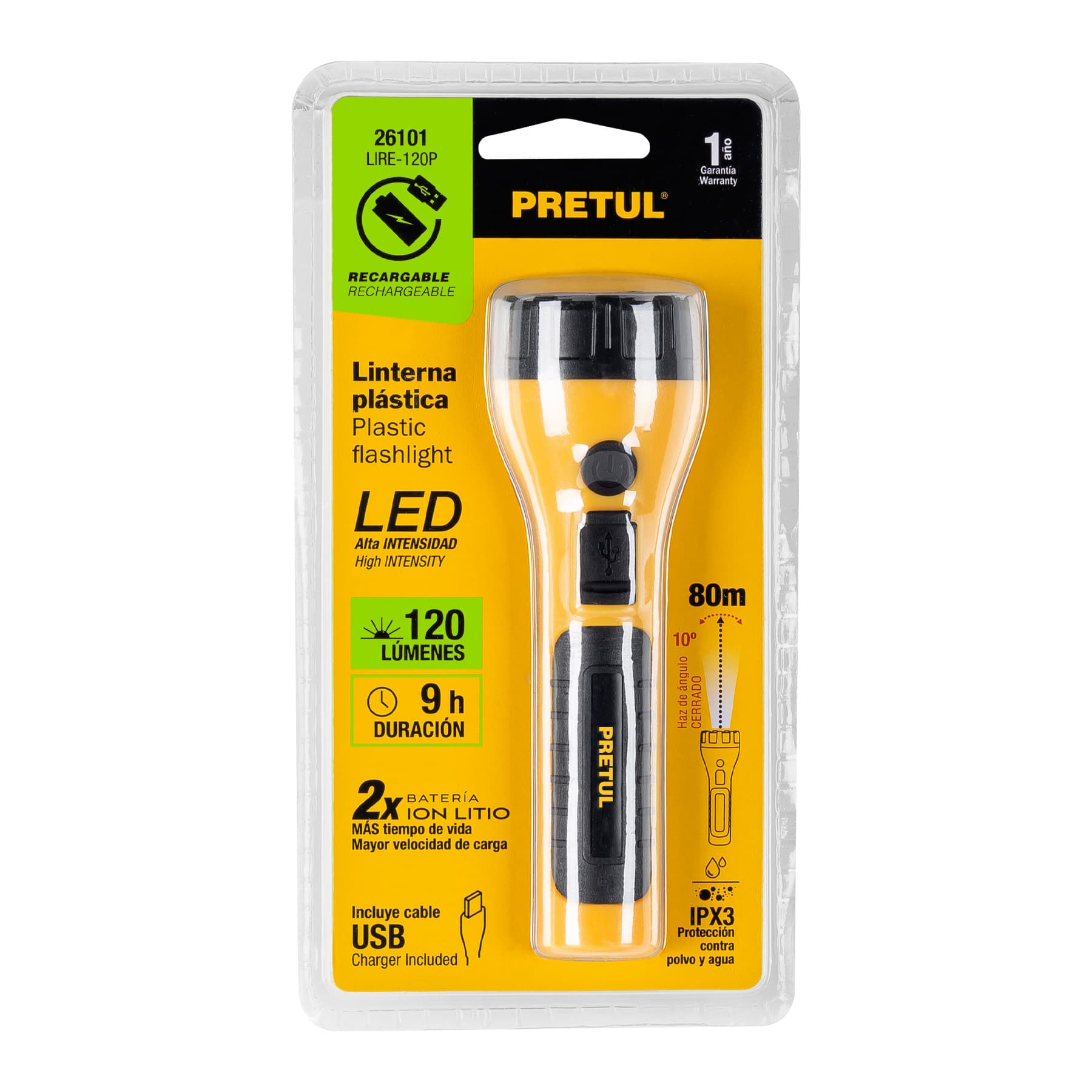 Linterna plástica de LED, 120 lm, recargable, Pretul