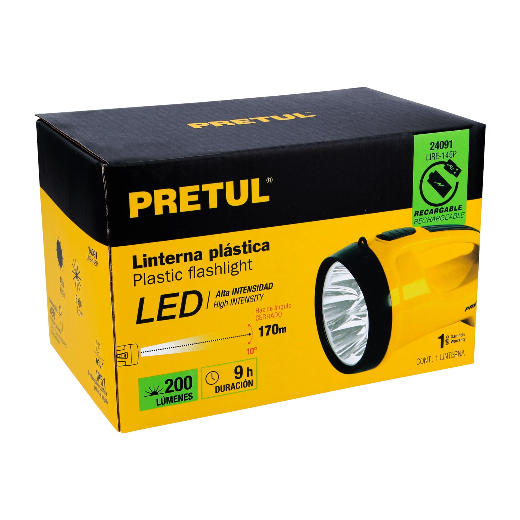 Linterna reflectora LED 260 lm, recargable, Pretul