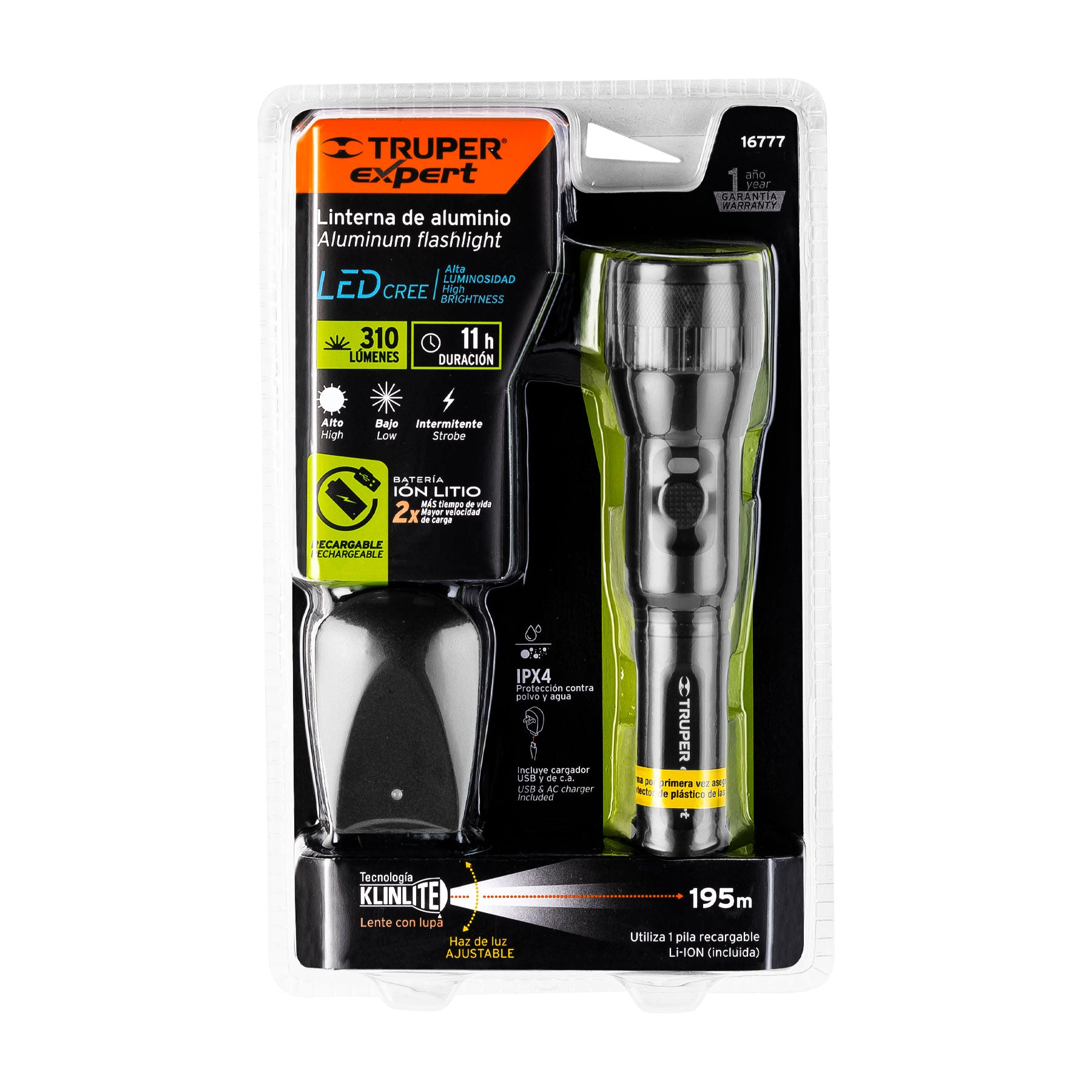 Linterna LED recargable, de aluminio, 500 lm, Truper Expert