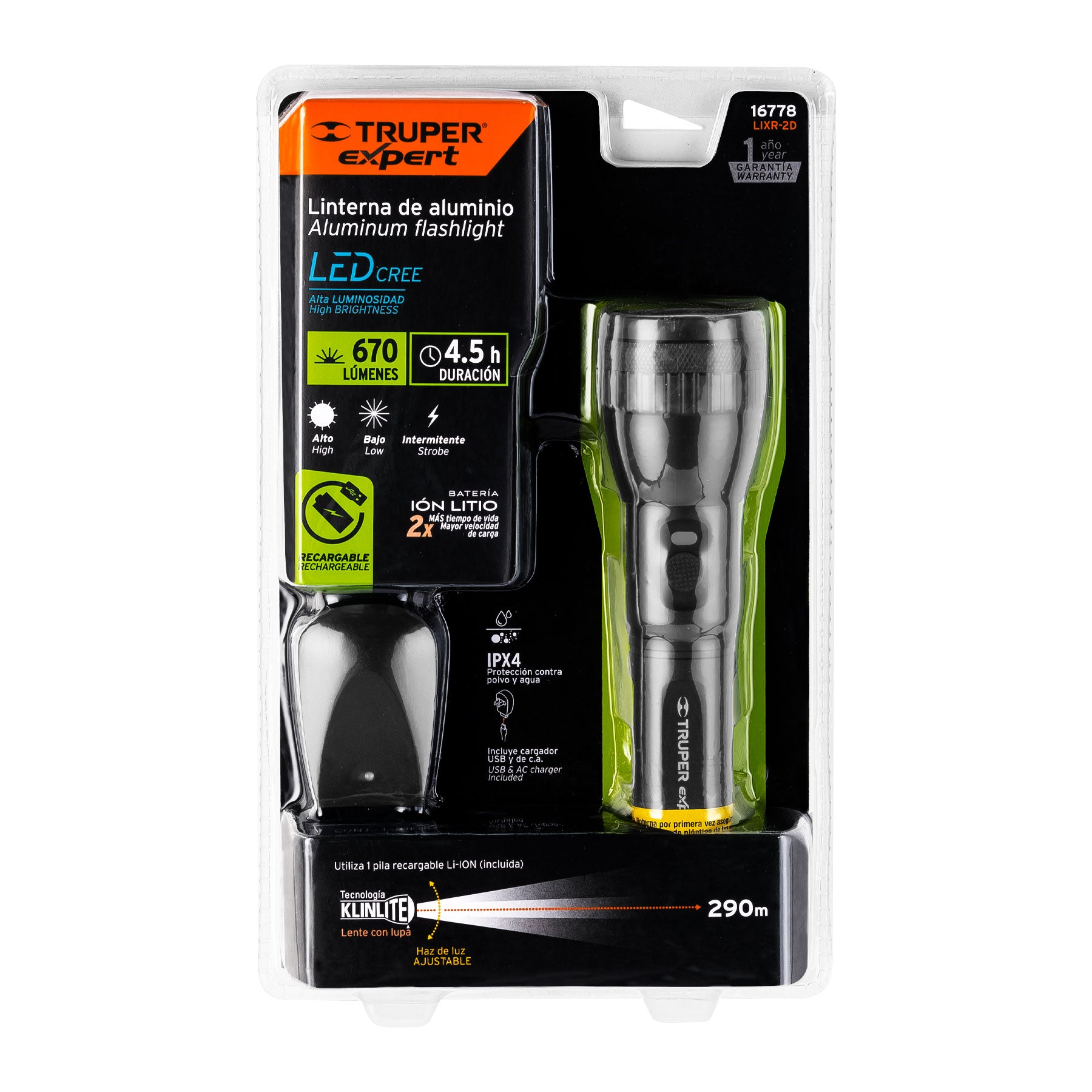 Linterna LED recargable, de aluminio,1,300 lm, Truper Expert