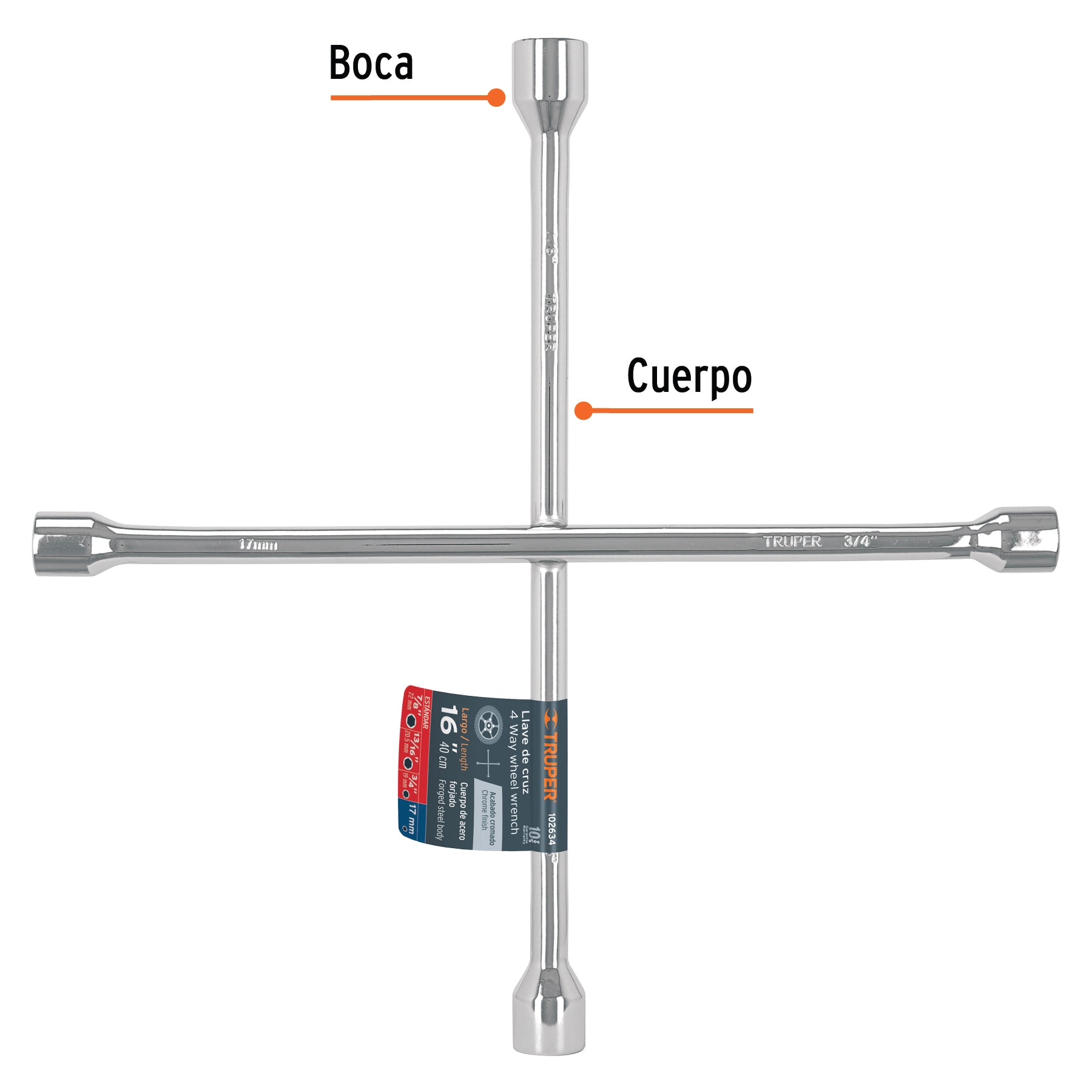 Llave de cruz 16" pulida y cromada, Truper