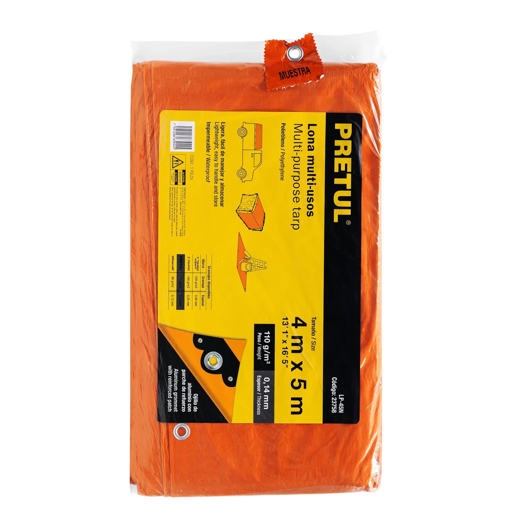 Lona de polietileno 4 x 5 m, naranja, 110 g/m2, Pretul