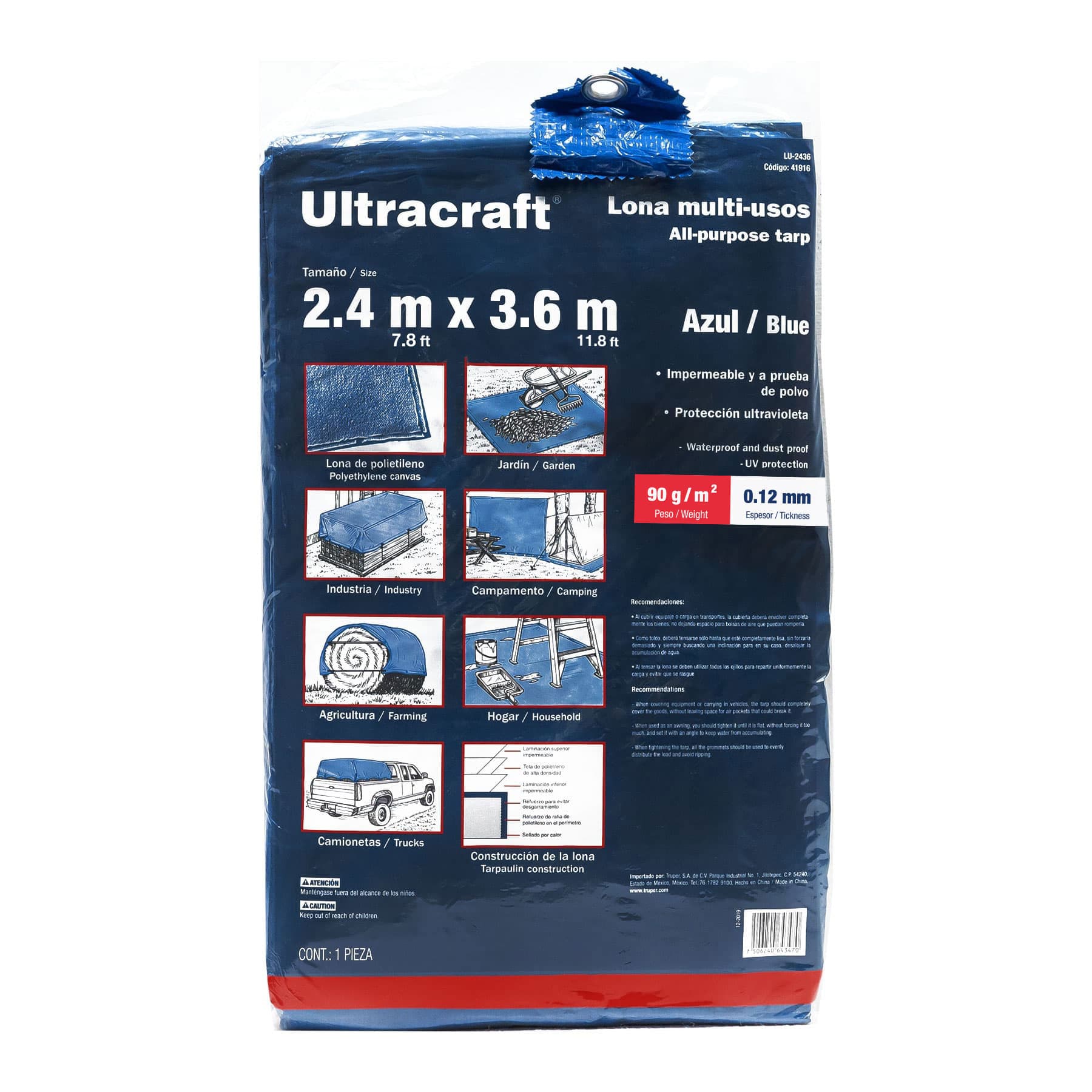 Lona de polietileno 2.4 x 3.6 m, azul, 90 g/m2, ULTRA