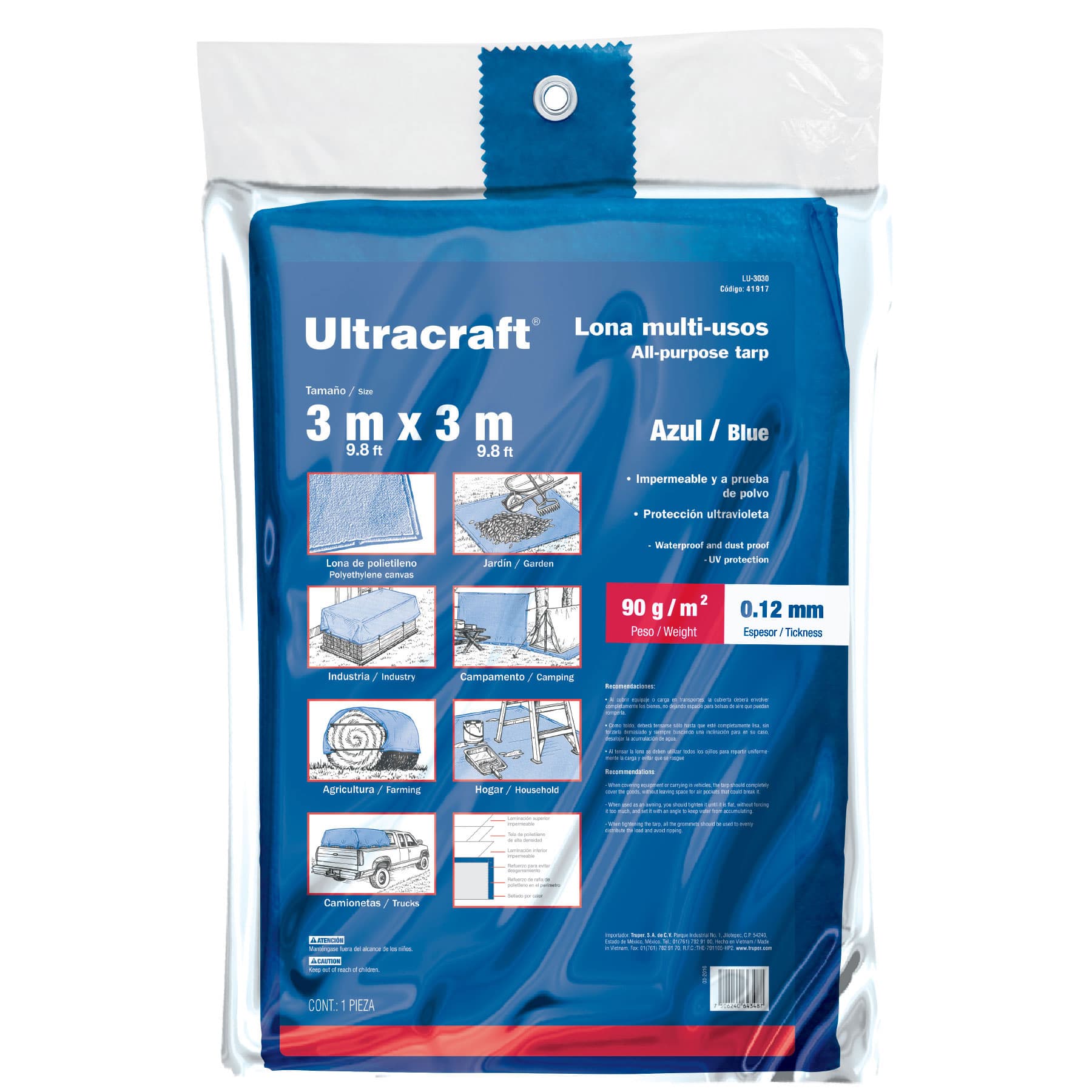 Lona de polietileno 3 x 3 m, azul, 90 g/m2, ULTRA