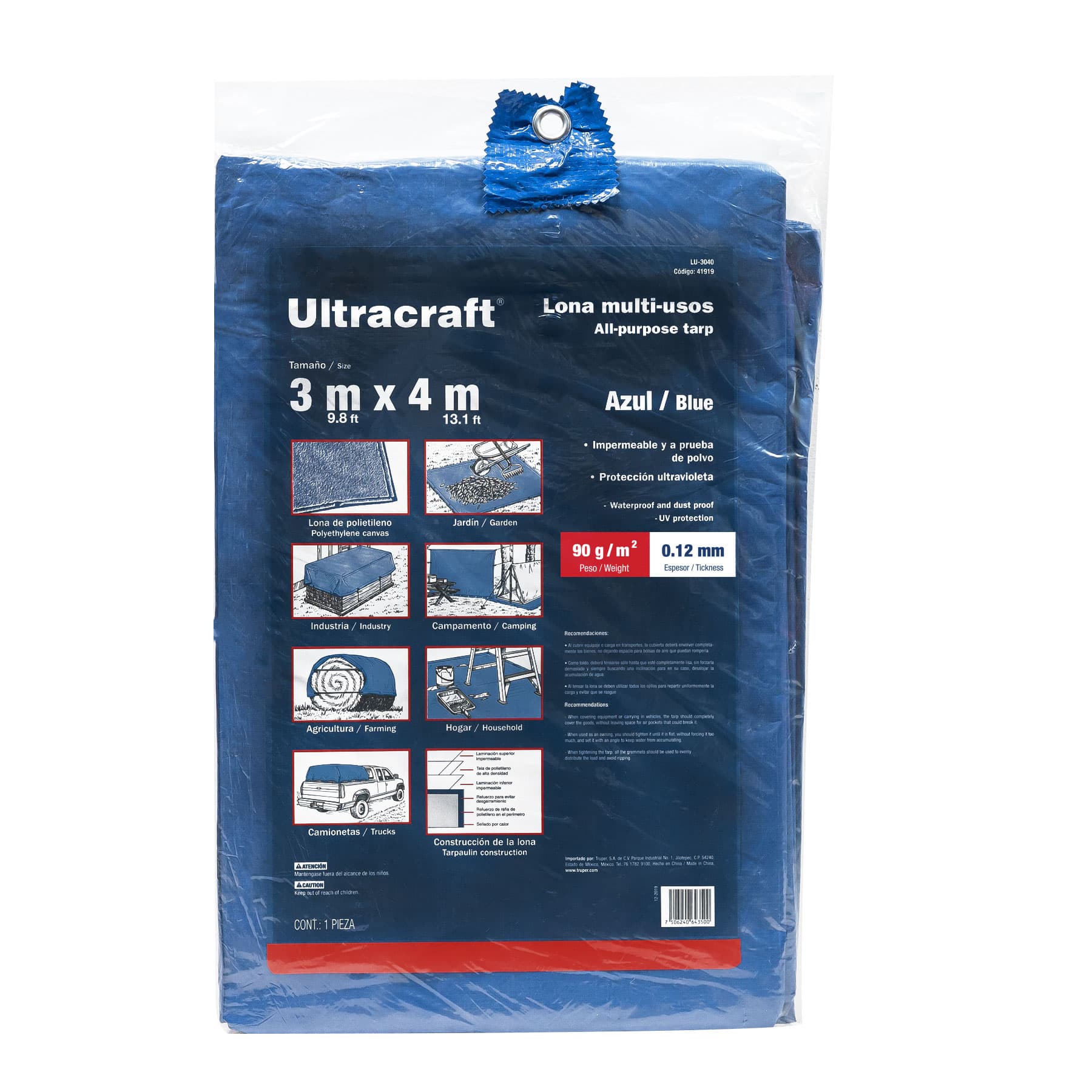 Lona de polietileno 3 x 4 m, azul, 90 g/m2, ULTRA