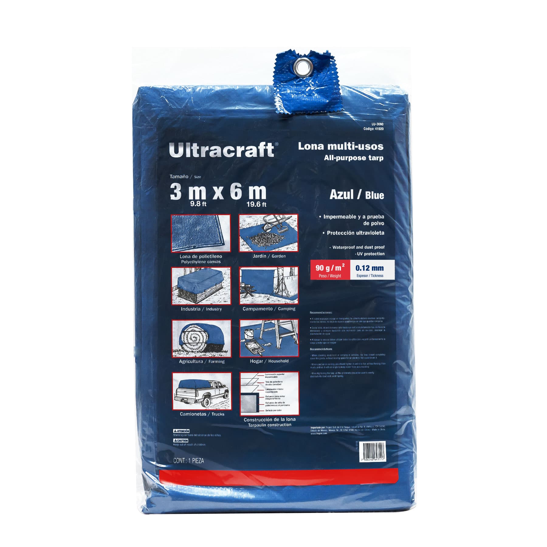 Lona de polietileno 3 x 6 m, azul, 90 g/m2, ULTRA