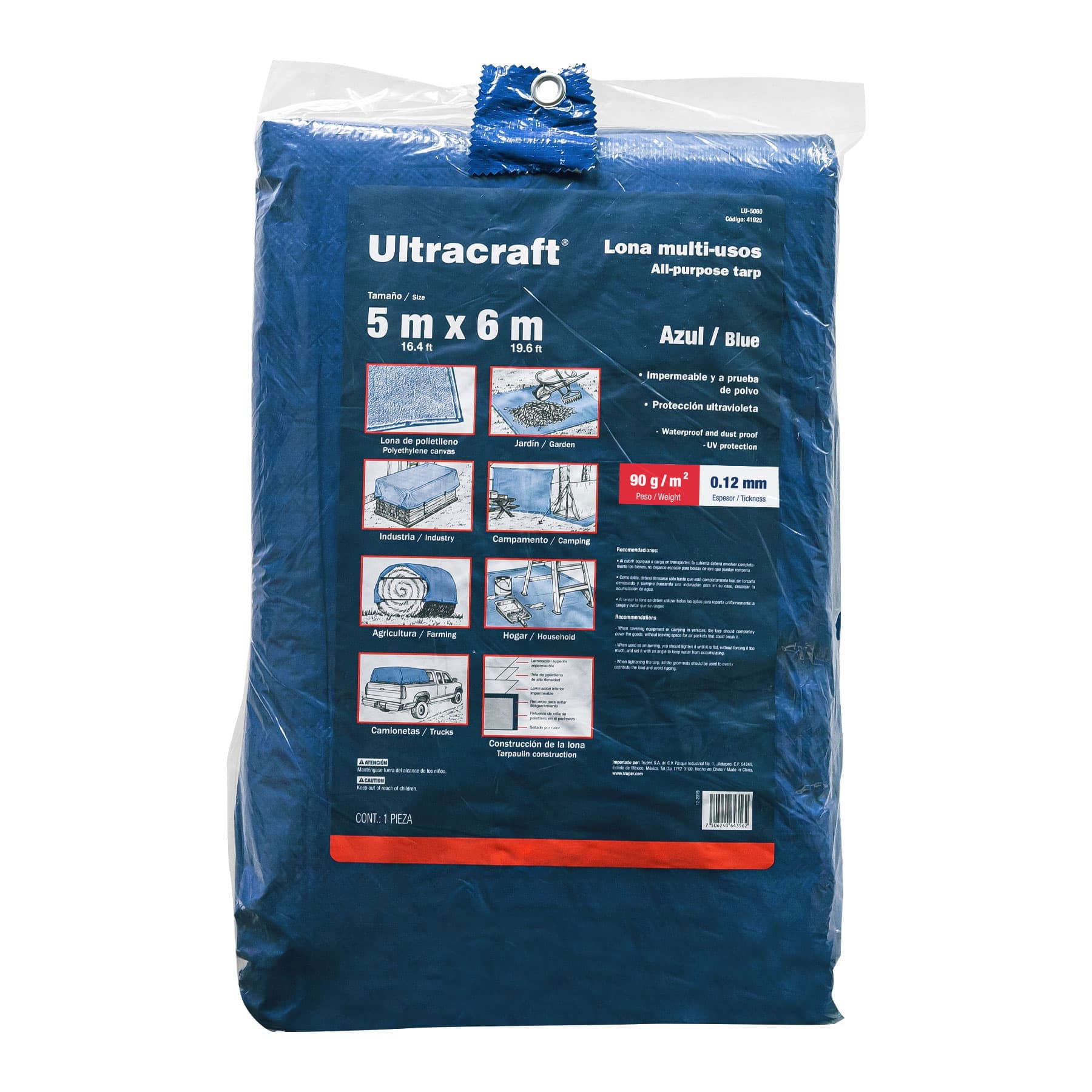 Lona de polietileno 5 x 6 m, azul, 90 g/m2, ULTRA