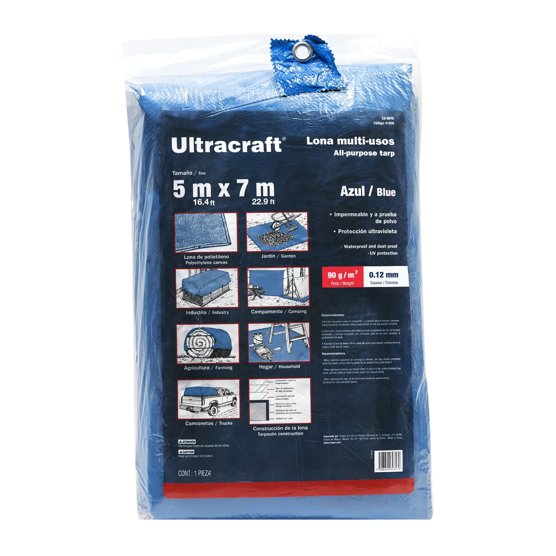 Lona de polietileno 5 x 7 m, azul, 90 g/m2, ULTRA