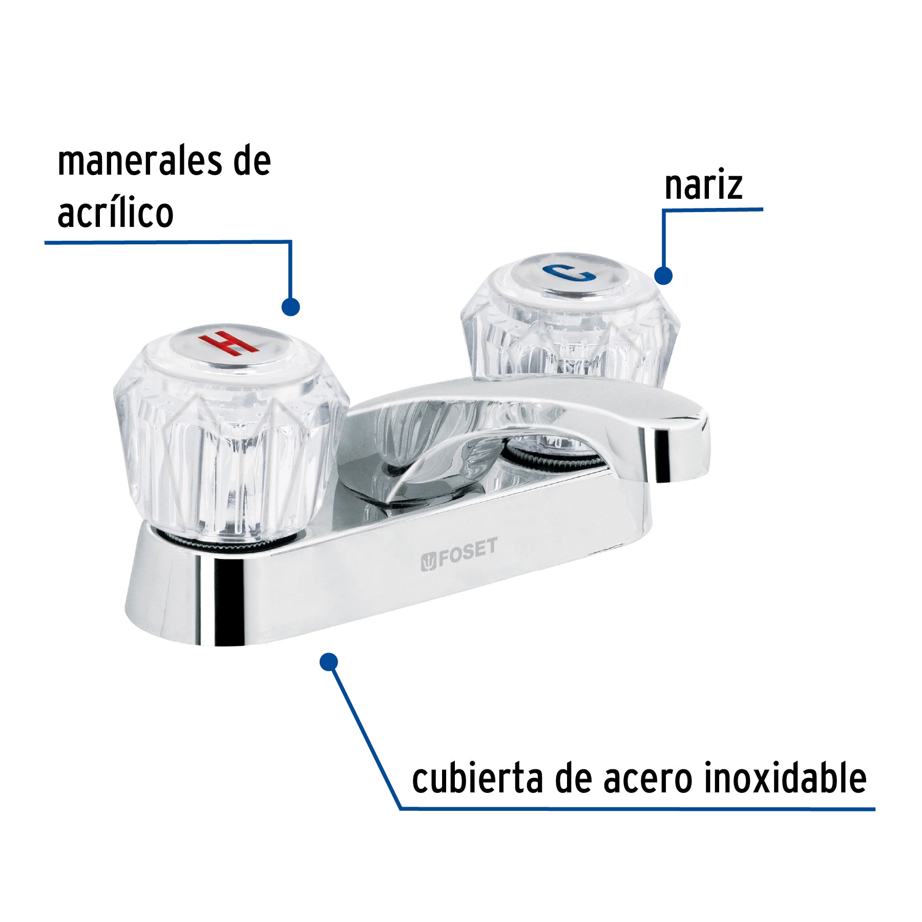 Mezcladora 4" para lavabo, nariz larga, manerales acrílico