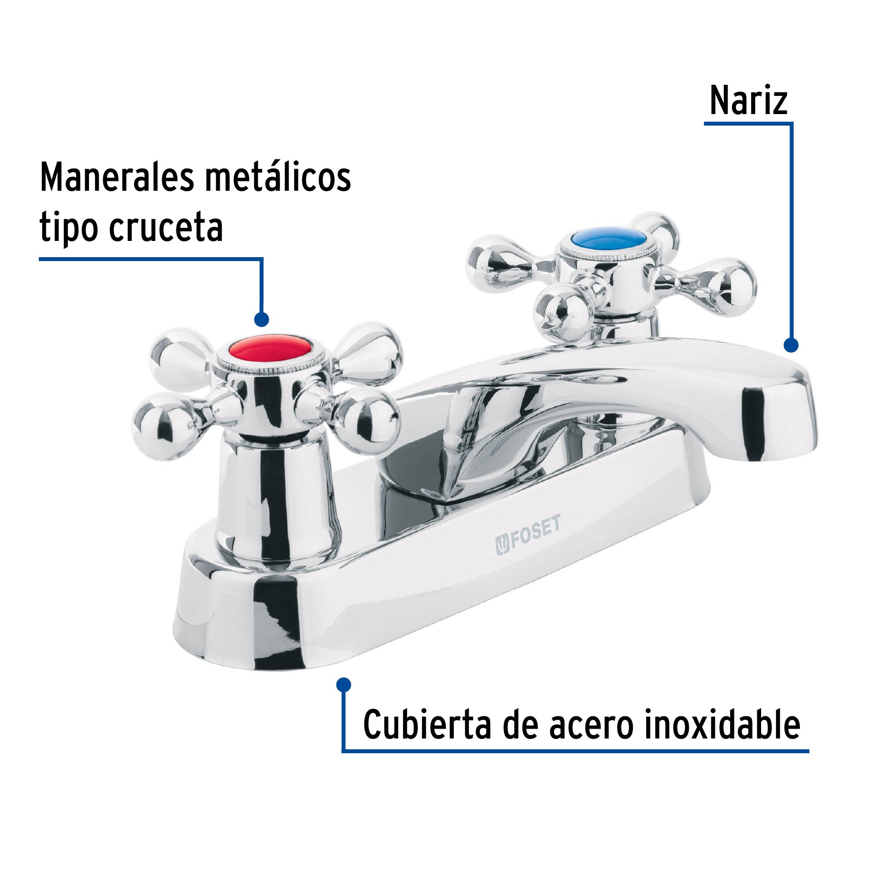 Mezcladora 4" para lavabo, nariz larga, manerales cruceta