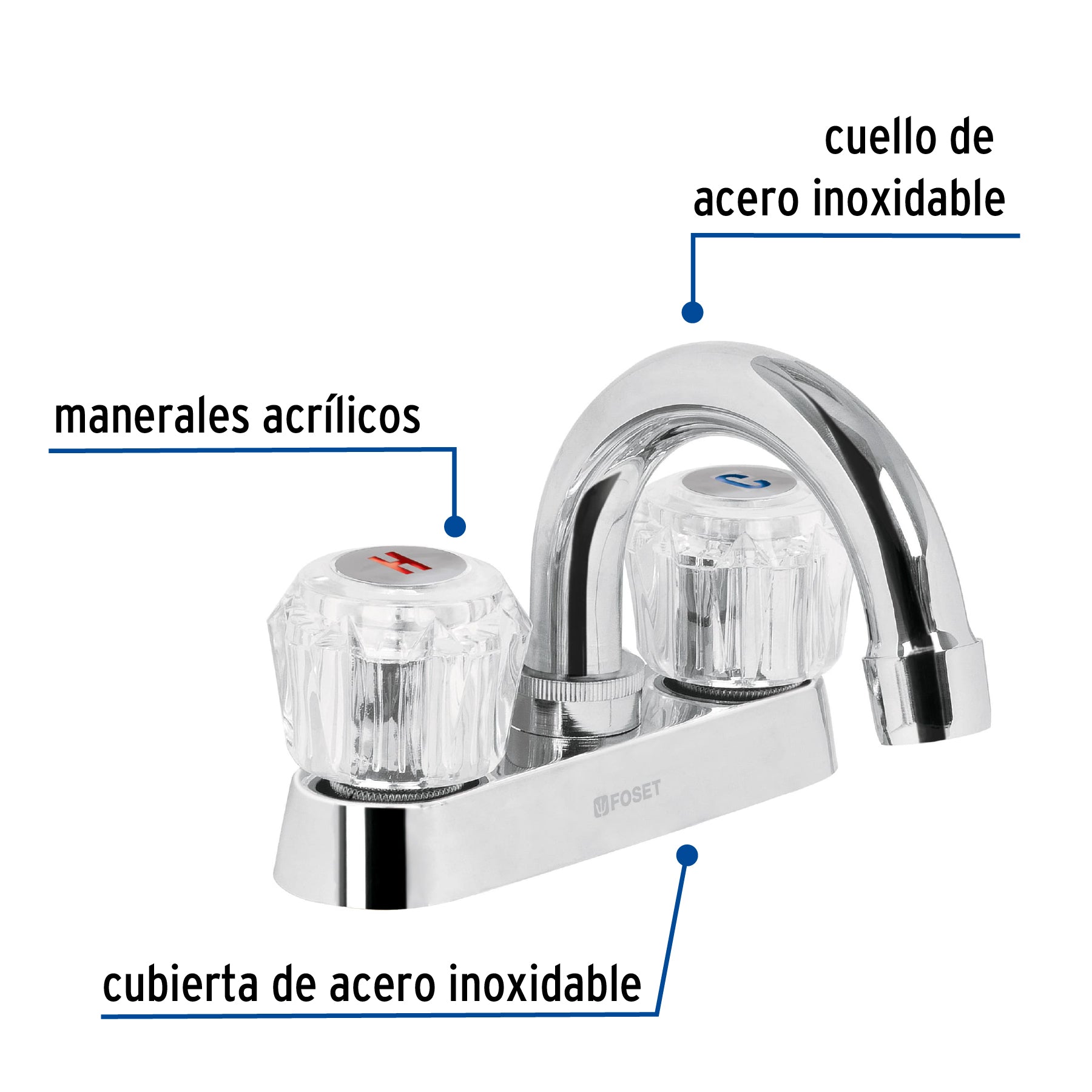 Mezcladora 4" para lavabo, cuello curvo, manerales acrílico