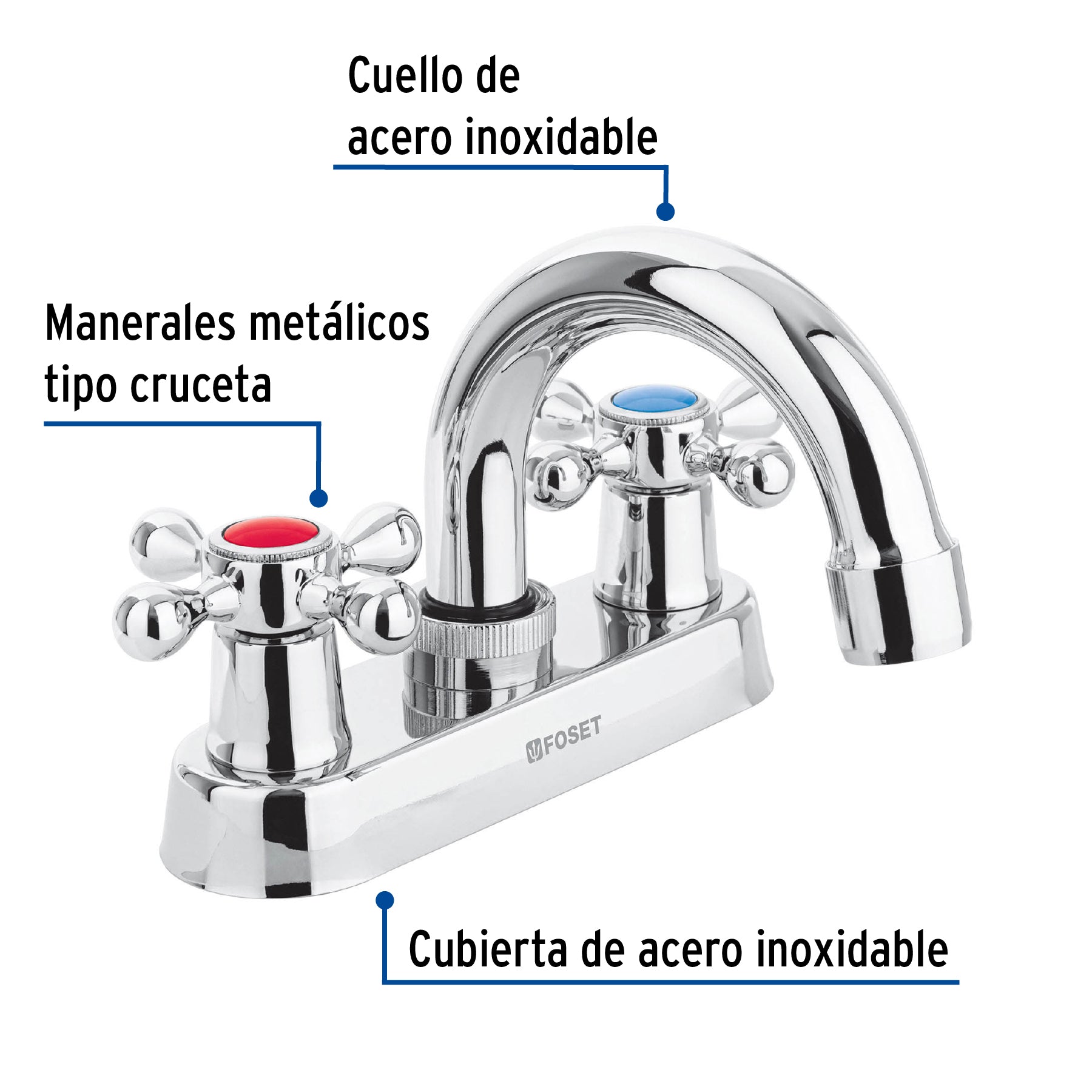 Mezcladora 4" para lavabo, cuello curvo, manerales cruceta