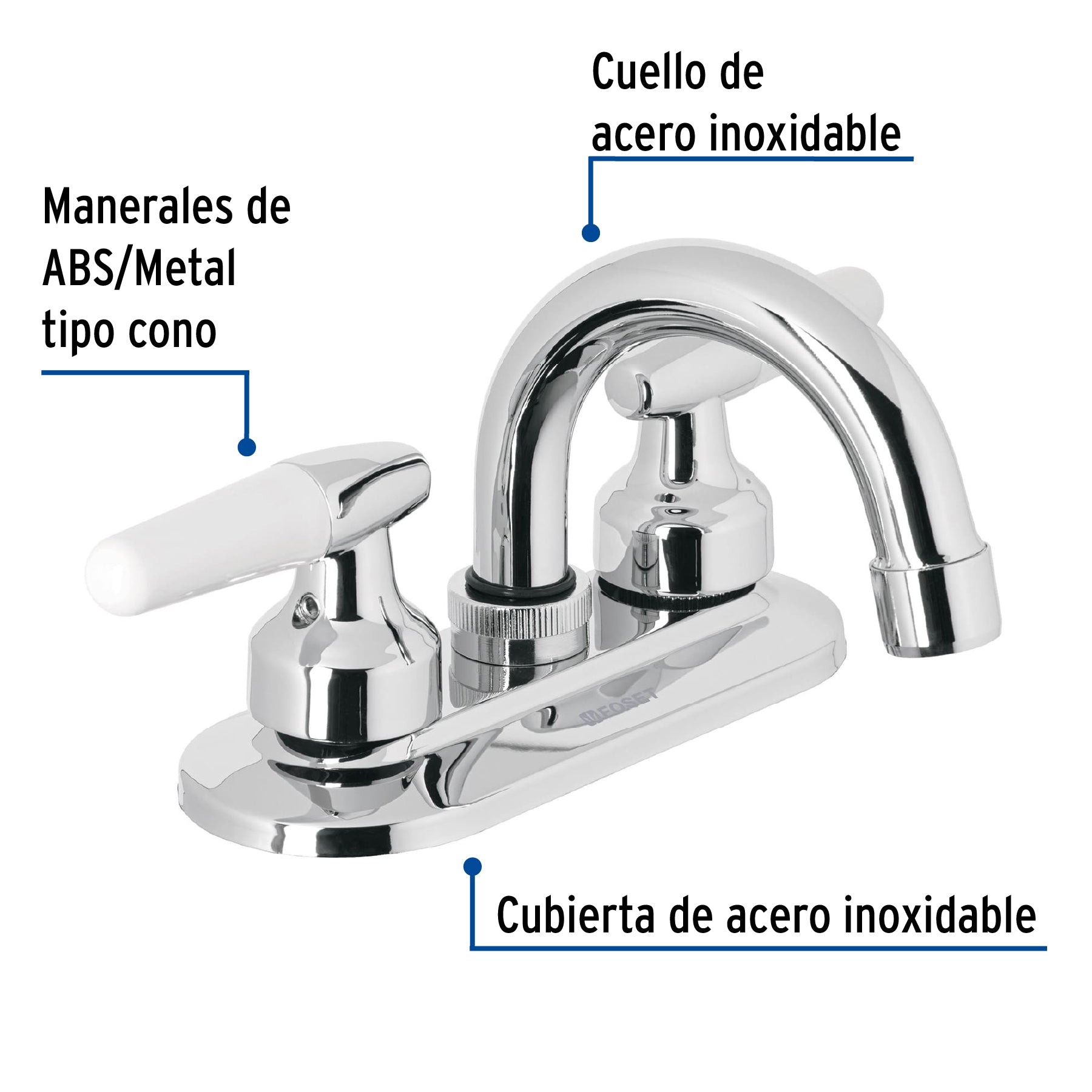 Mezcladora 4" para lavabo, cuello curvo, manerales cono