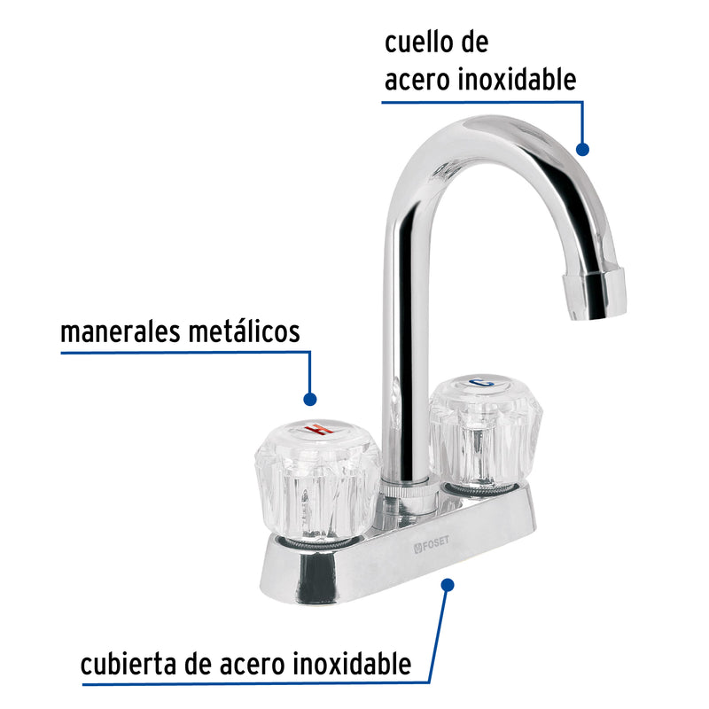 Mezcladora 4" para lavabo,  cuello bar,  manerales de acrílico