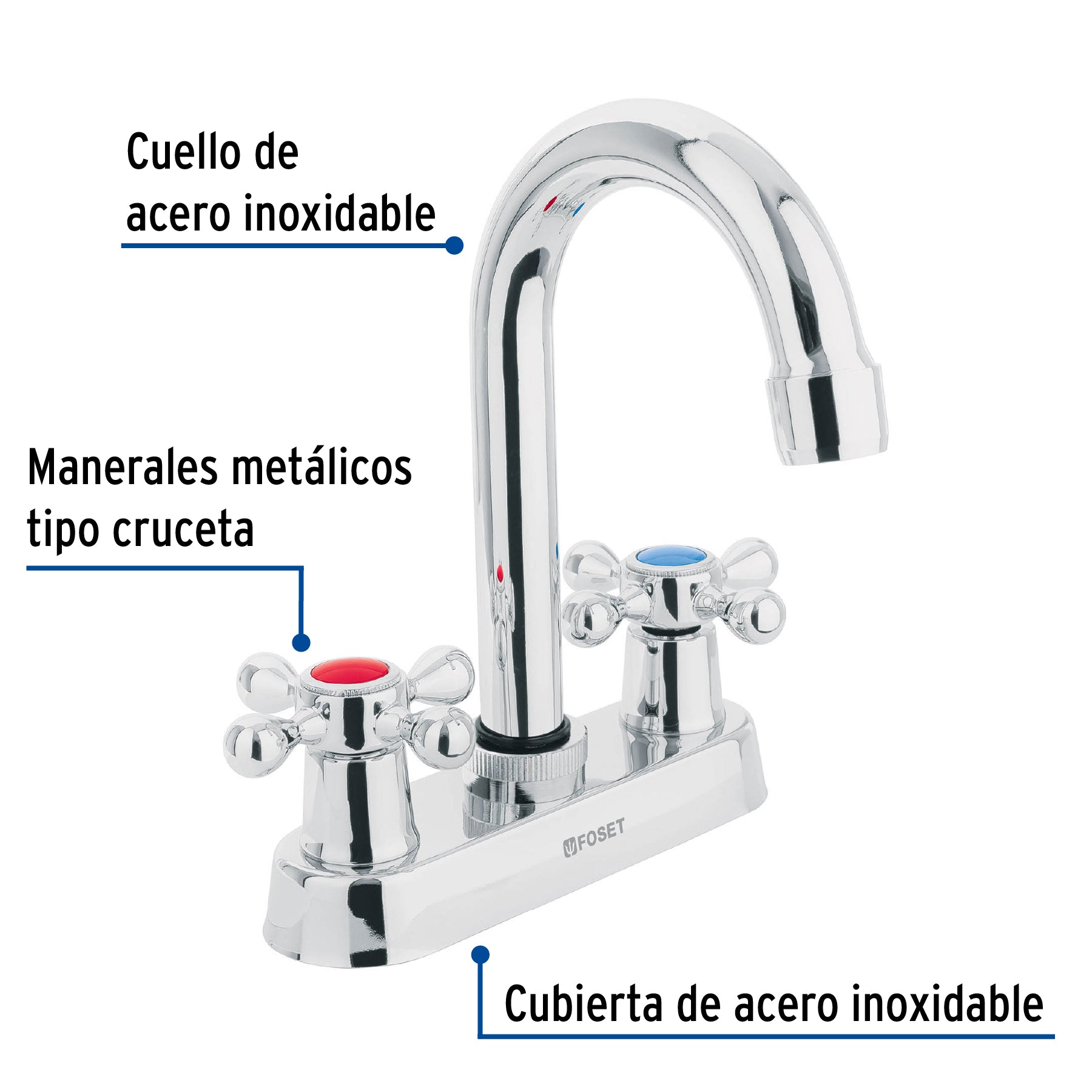 Mezcladora 4" para lavabo, cuello bar, manerales cruceta