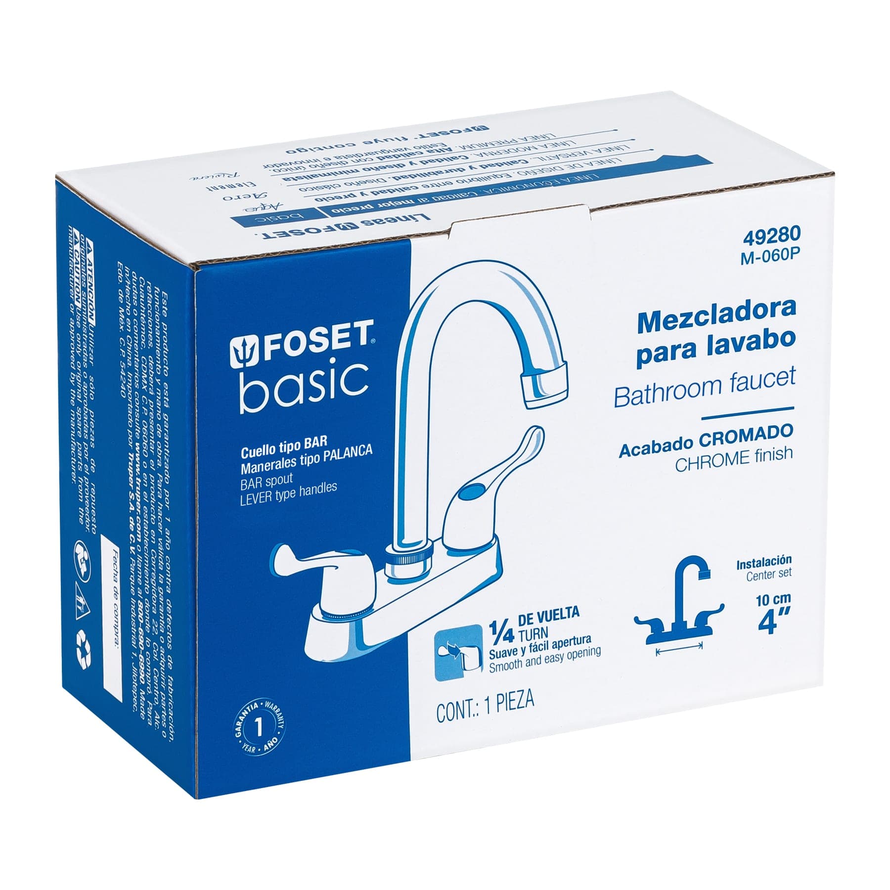 Mezcladora 4" para lavabo, cuello bar, manerales palanca
