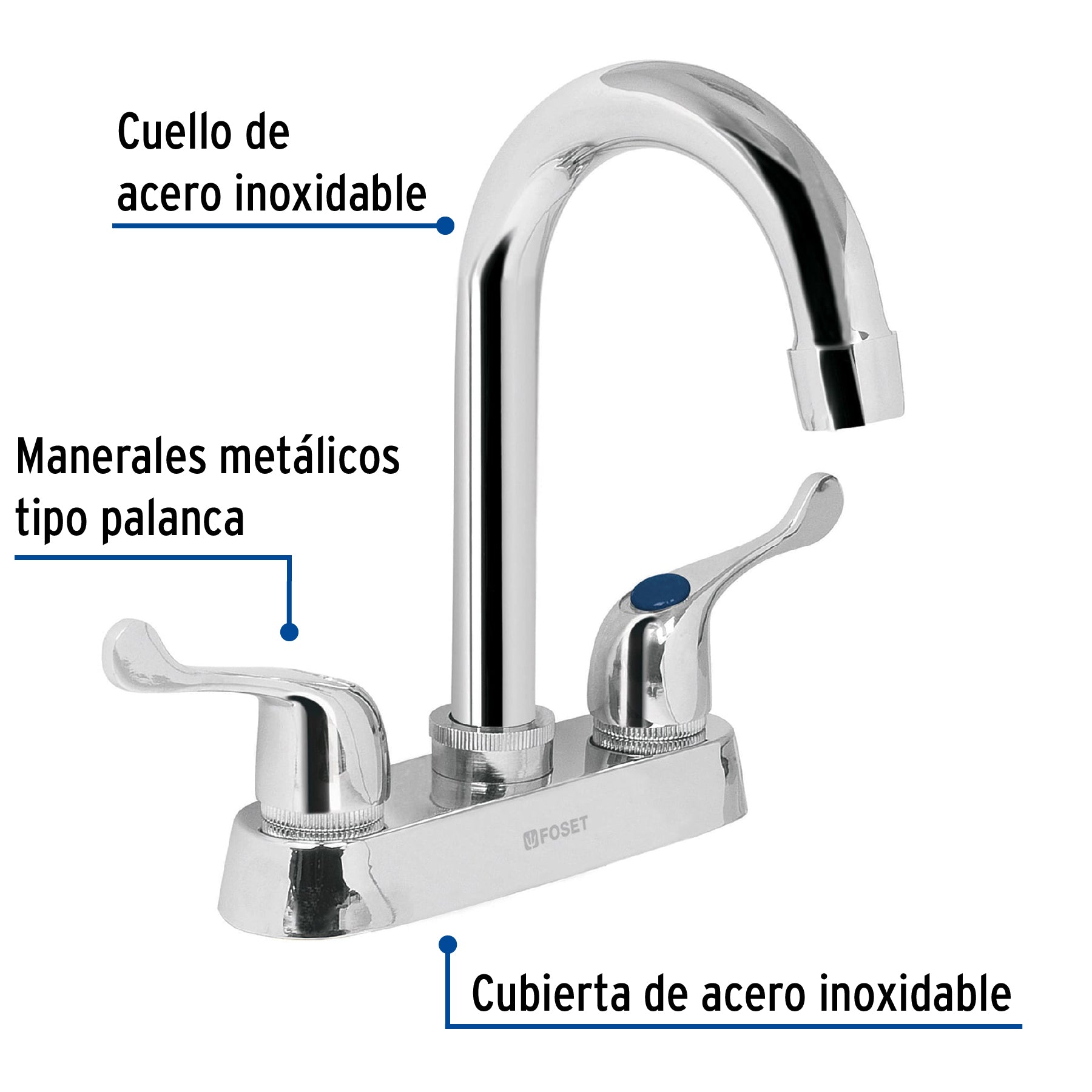 Mezcladora 4" para lavabo, cuello bar, manerales palanca