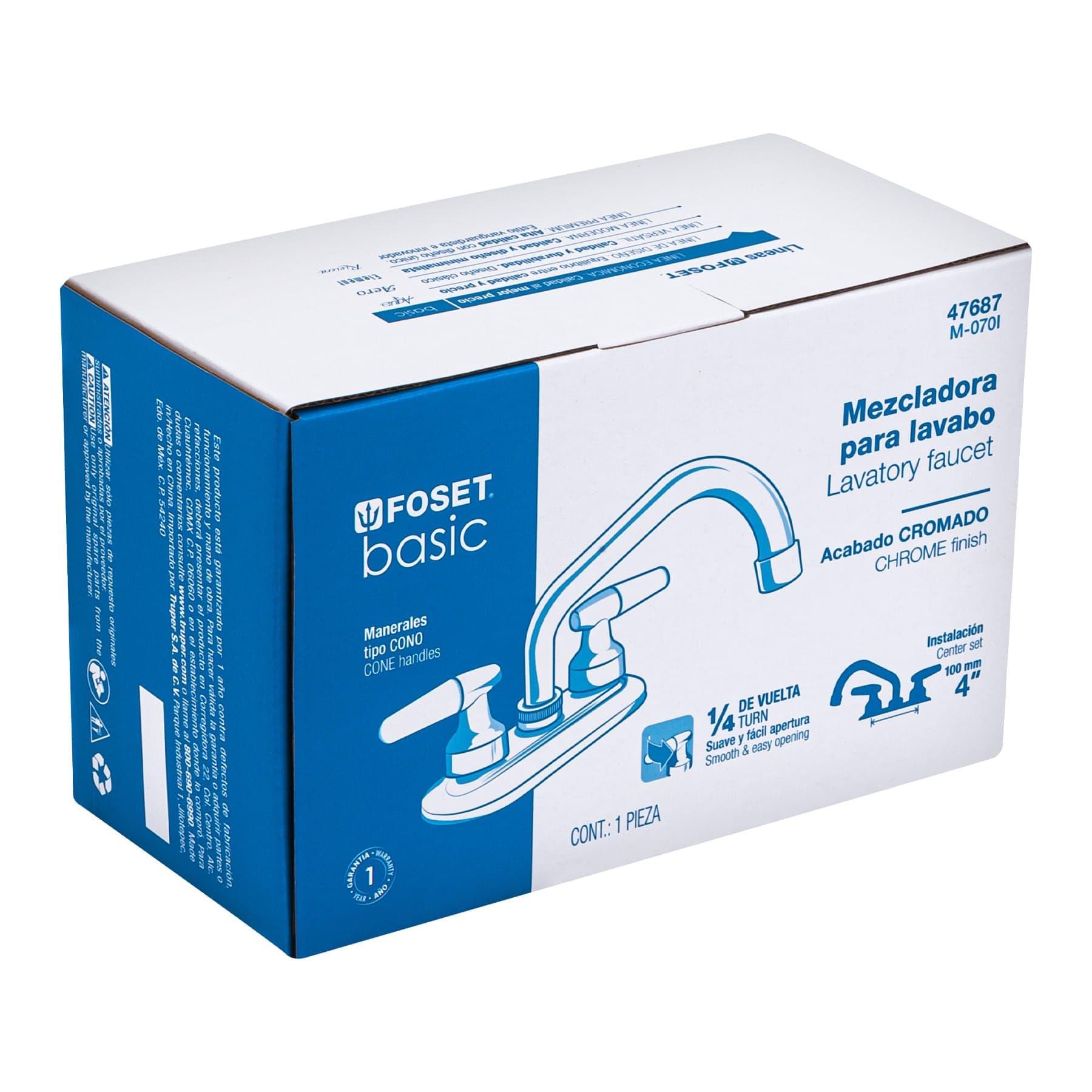 Mezcladora 4" para lavabo, cuello tubular, manerales cono