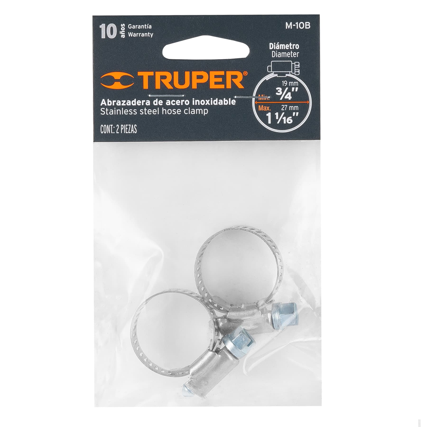 Bolsa con 2 abrazaderas sin fin # 10, 3/4 - 1-1/16", Truper