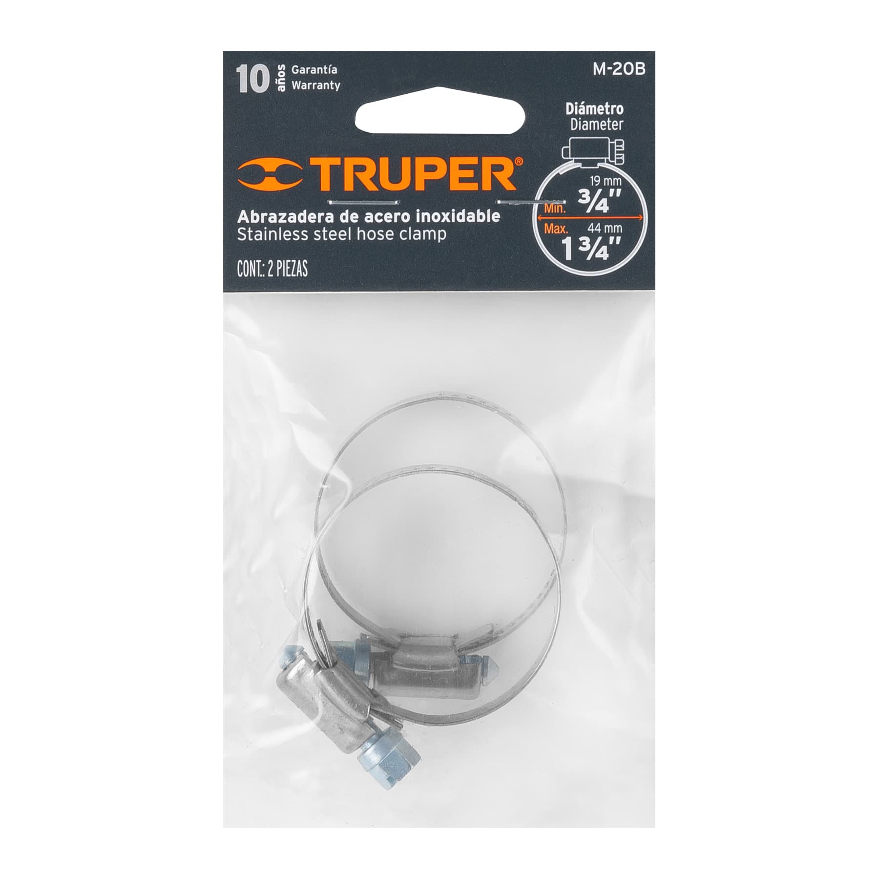 Bolsa con 2 abrazaderas sin fin #20, 3/4 - 1-3/3", Truper