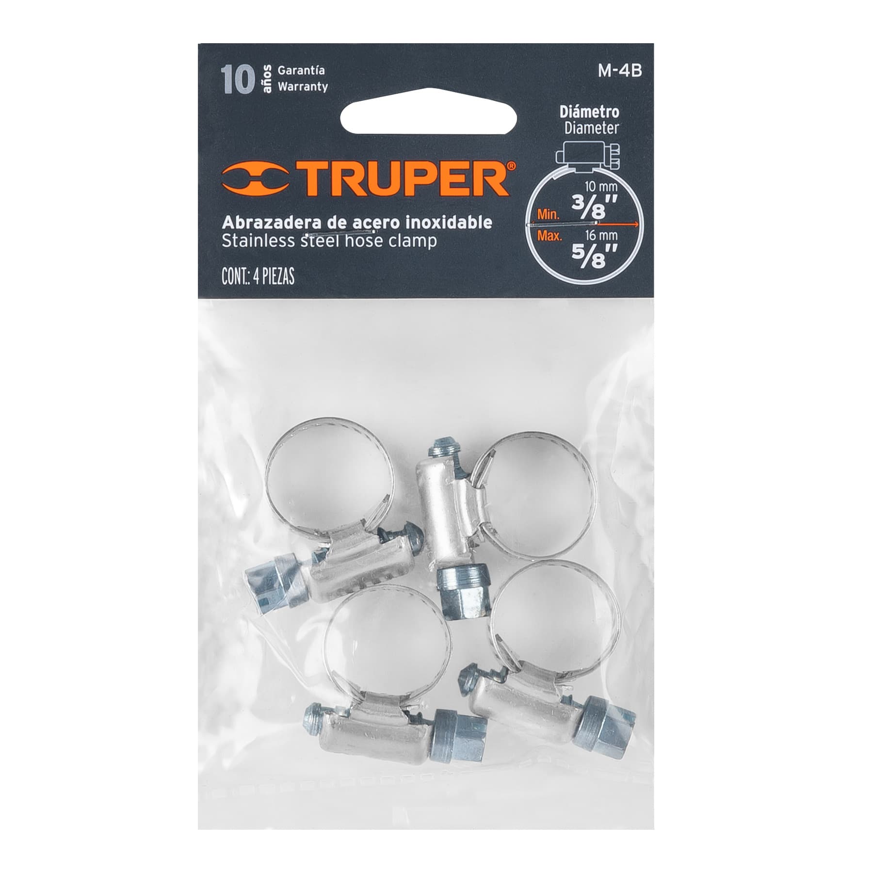 Bolsa con 4 abrazaderas sin fin # 4, 3/8 - 5/8", Truper