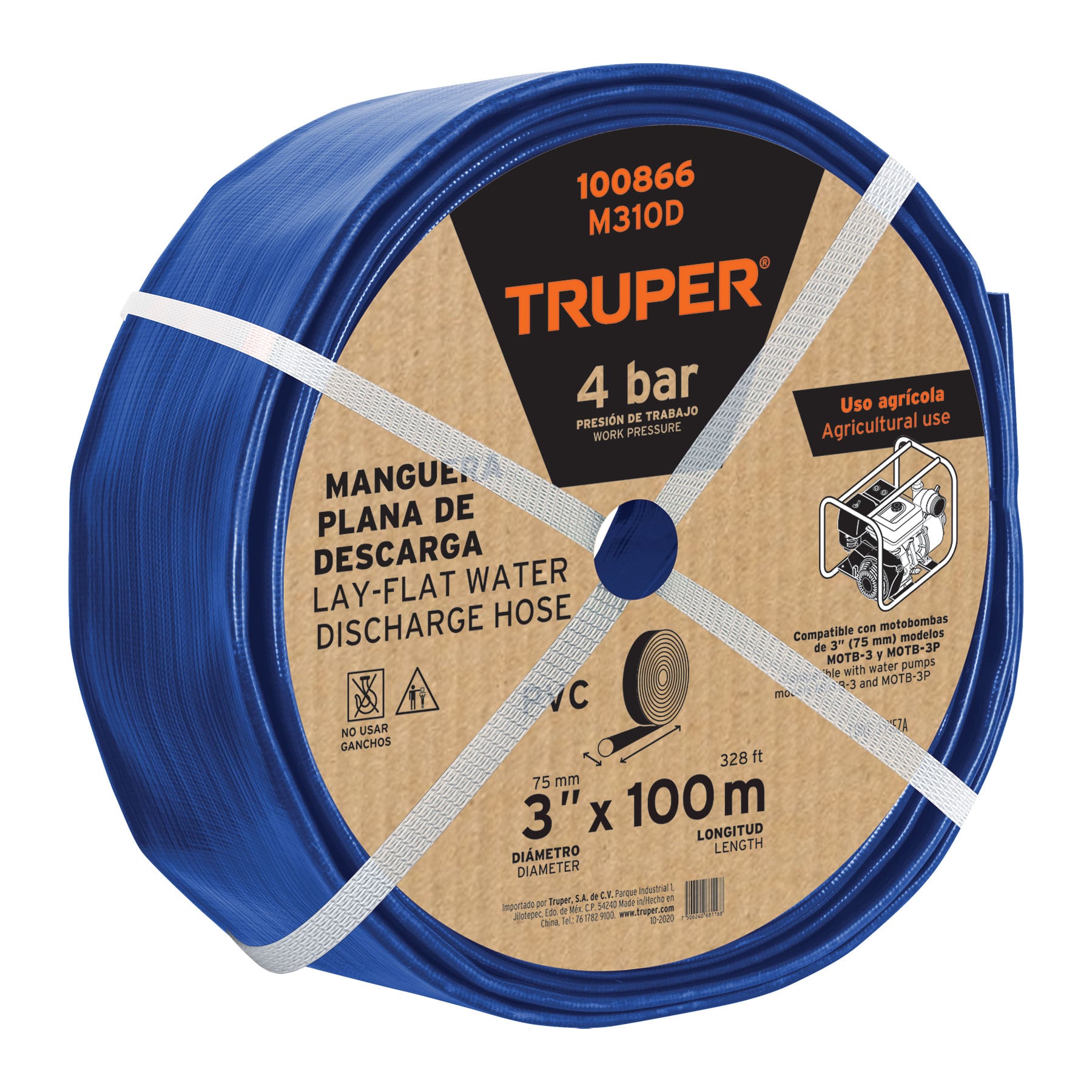 Rollo de manguera plana de 3" x 100m de descarga para motobomba