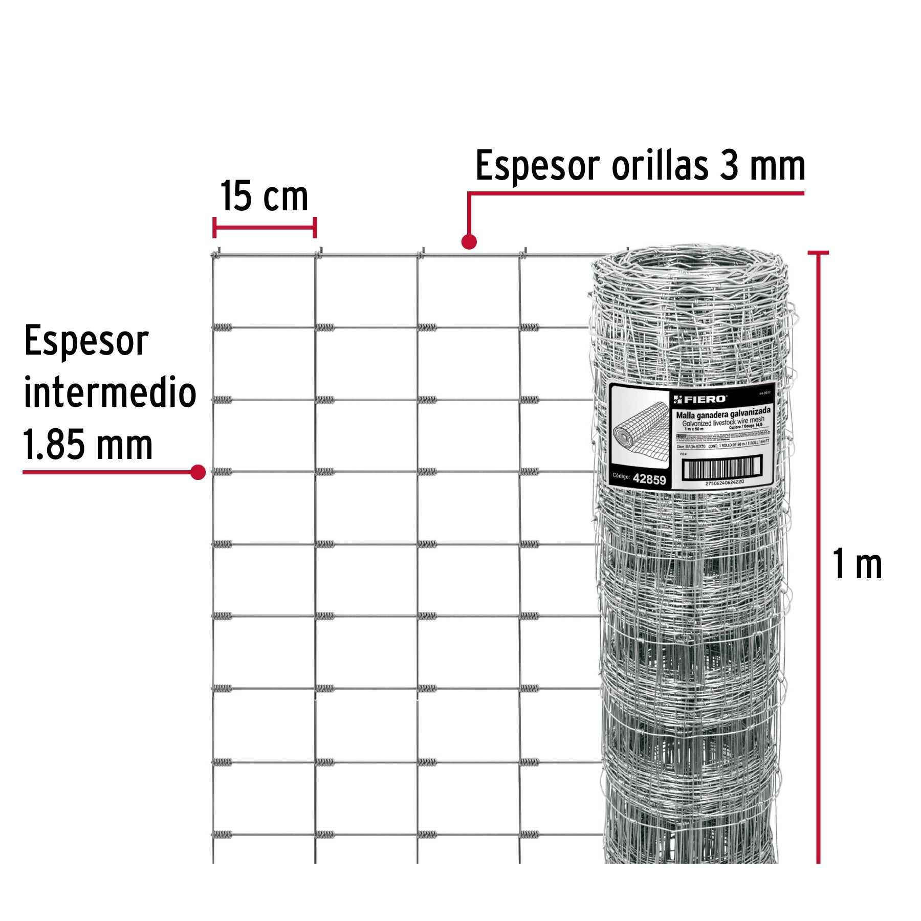 Rollo malla borreguera, 1m x 50m acero galvanizado, 23kg