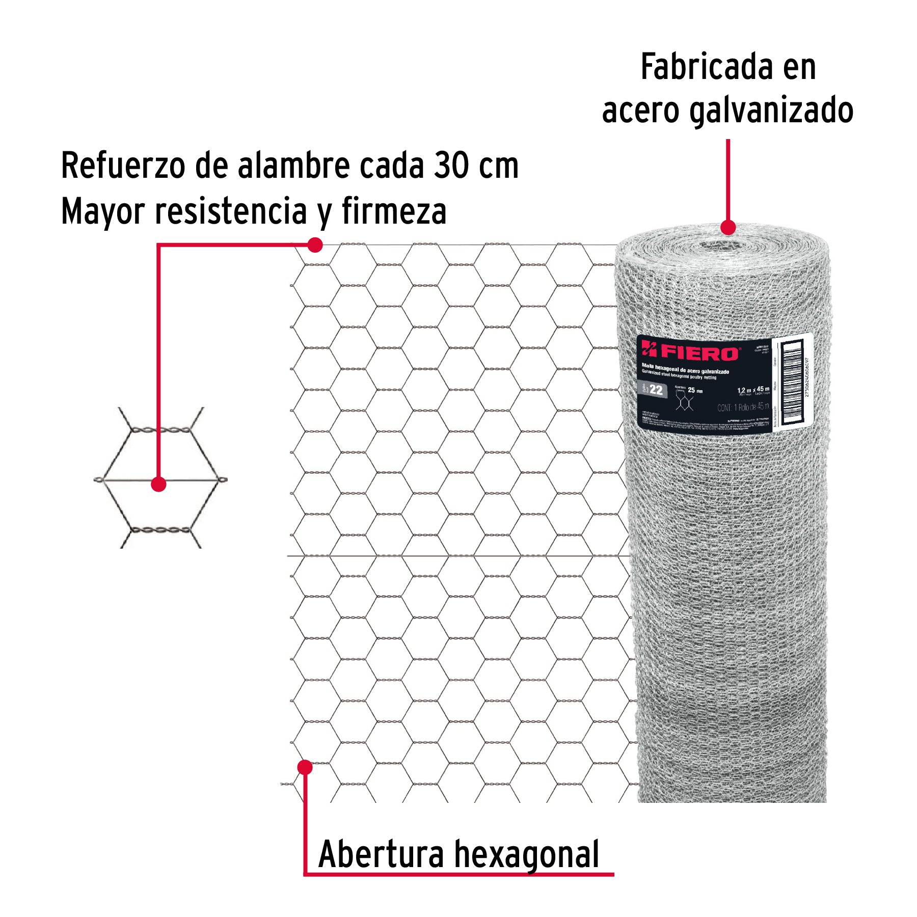 Rollo malla hexagonal cal.22, 1.2x 45m, abertura 25mm, 16kg