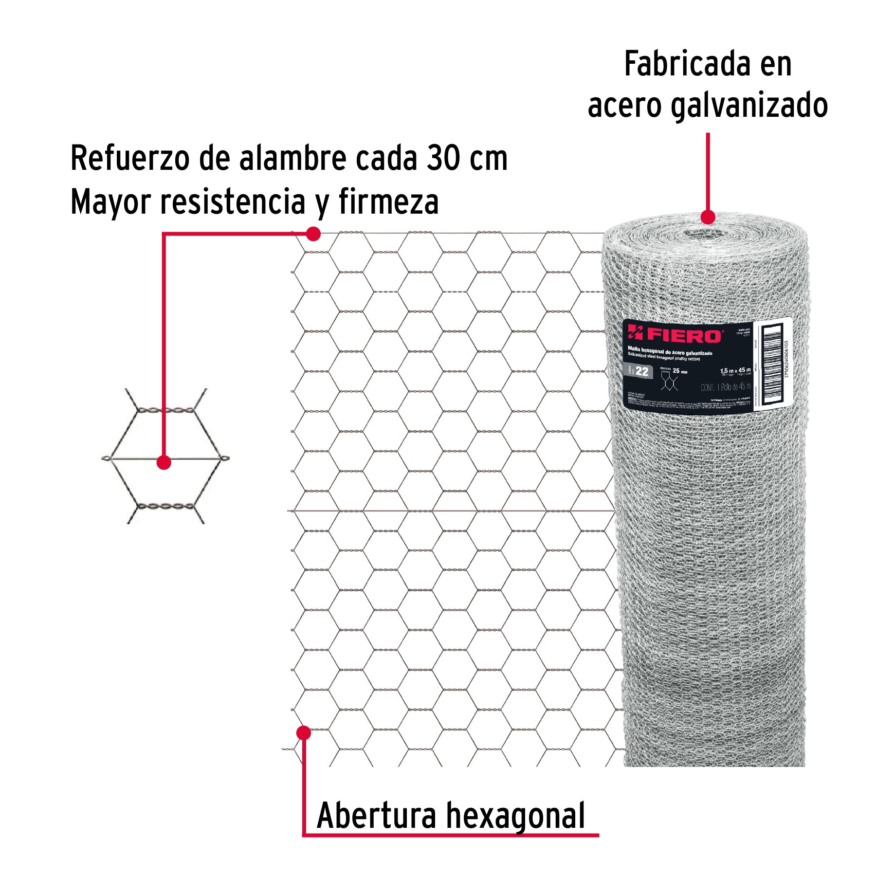Rollo malla hexagonal cal.22, 1.5x 45m, abertura 25mm, 20kg