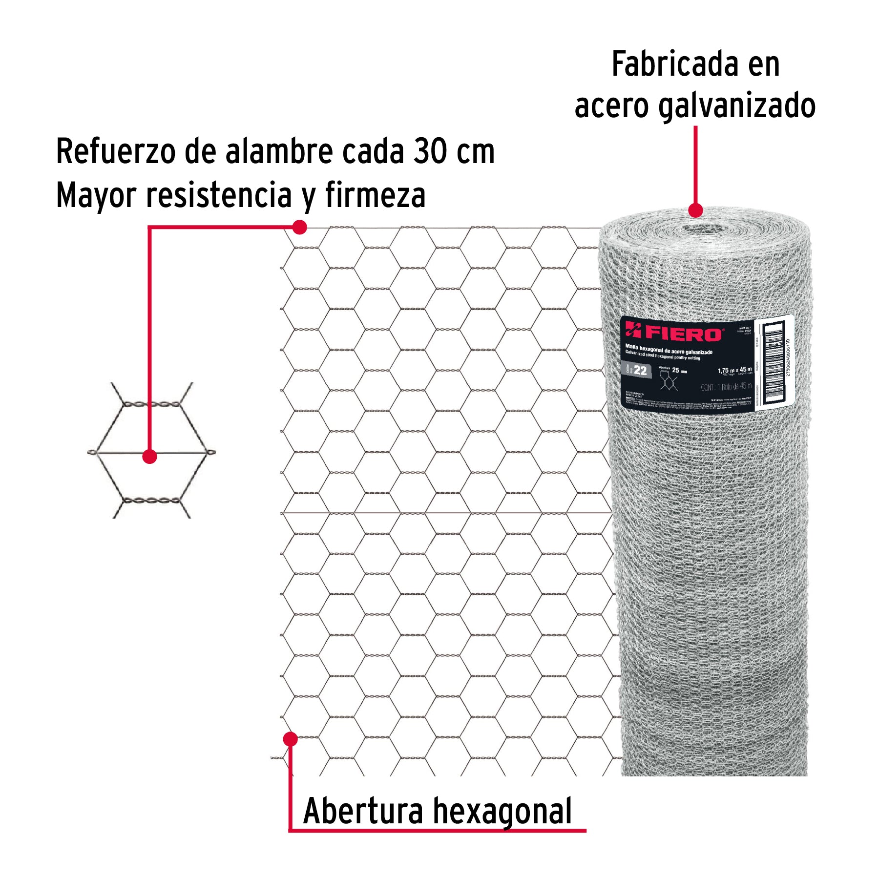 Rollo malla hexagonal cal.22, 1.75x 45m, abertura 25mm, 23kg