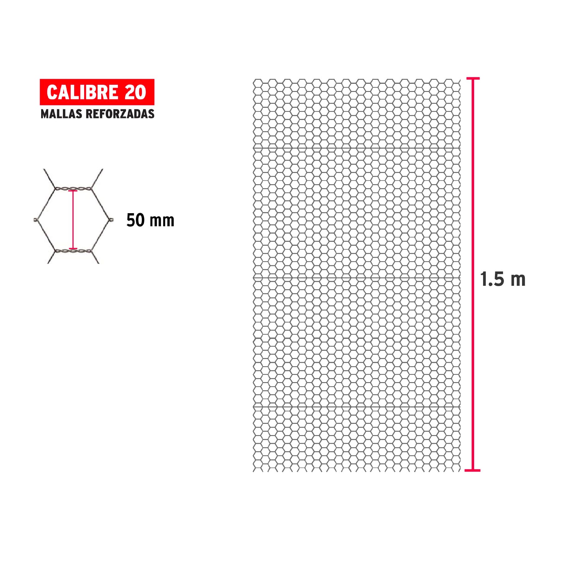 Rollo malla hexagonal cal.20, 1.5x 45m, abertura 50mm, 15kg