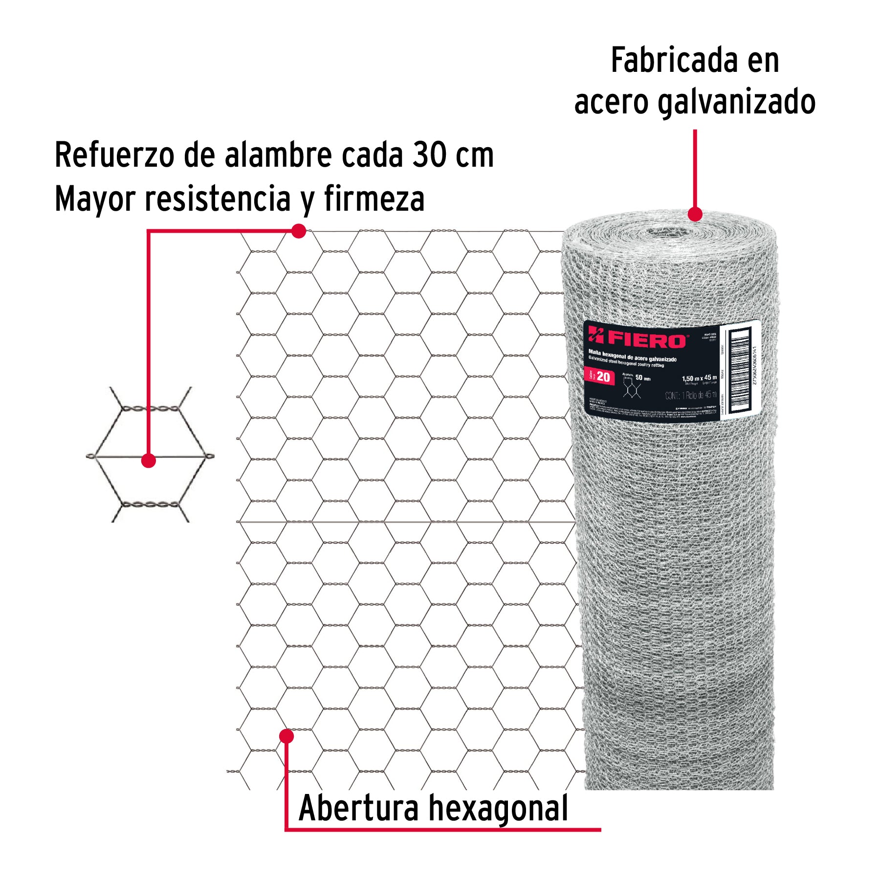 Rollo malla hexagonal cal.20, 1.5x 45m, abertura 50mm, 15kg