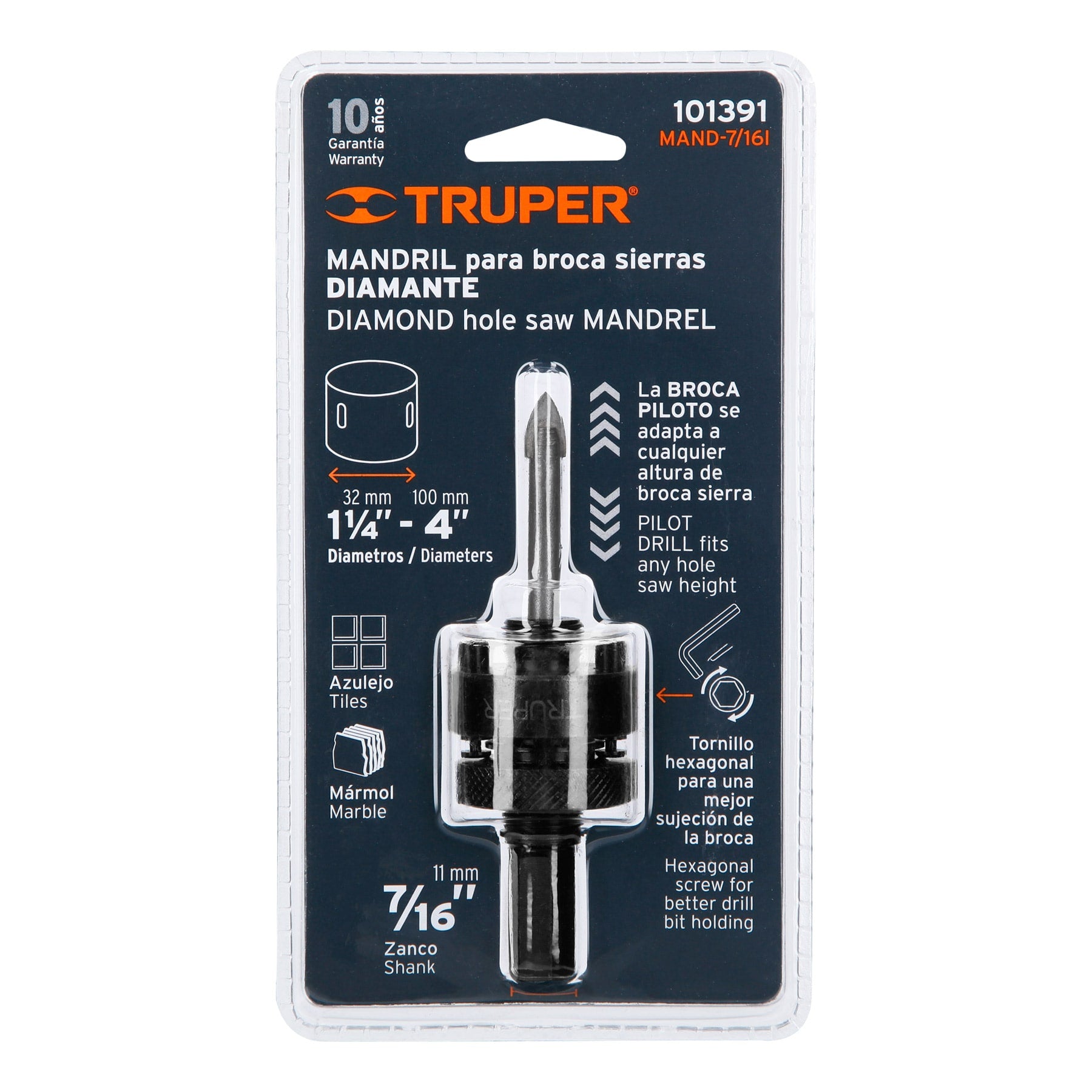Mandril para brocasierra diamante con rosca 7/16", Truper
