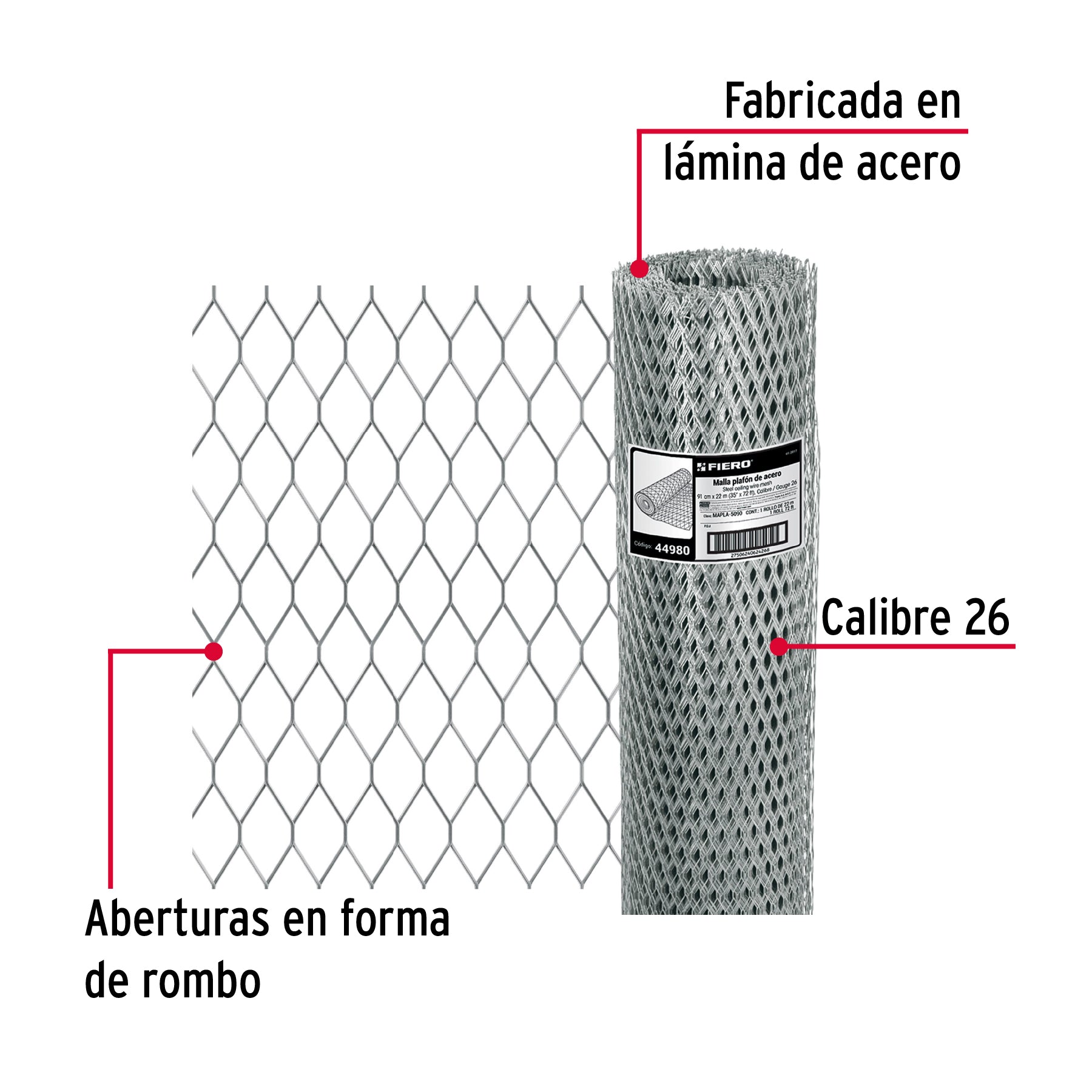 Rollo malla plafón 0.90 x 22m cal.26, abertura 10x25mm, 8kg