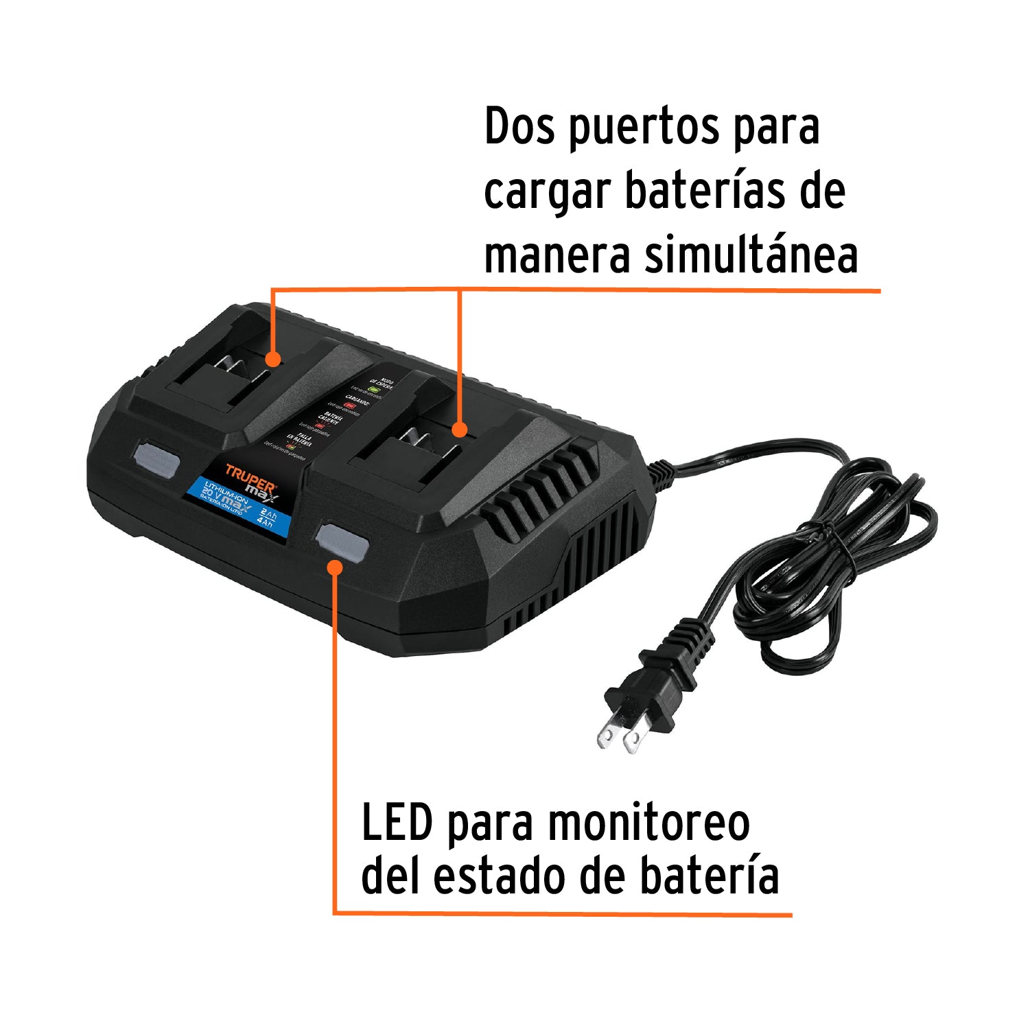 Cargador dual de baterías de ion litio 20V, Truper MAX