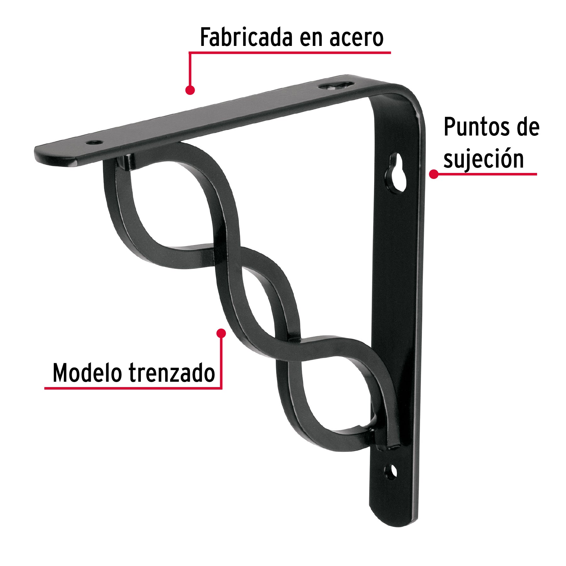 Ménsula reforzada negra 6 x 6" diseño trenza, Fiero