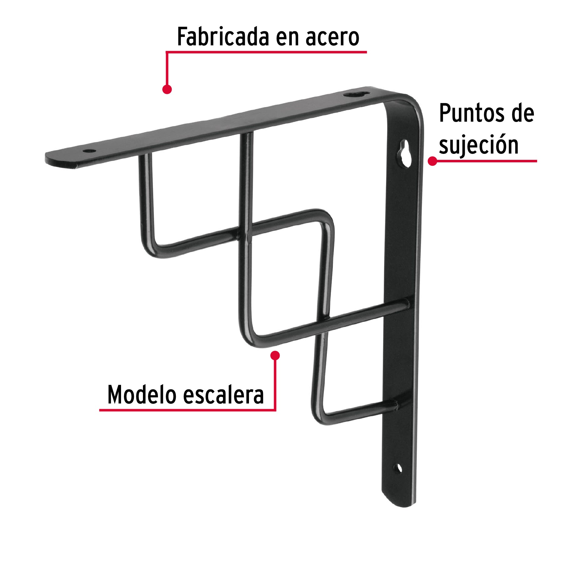 Ménsula reforzada negra 8 x 8" diseño escalera, Fiero