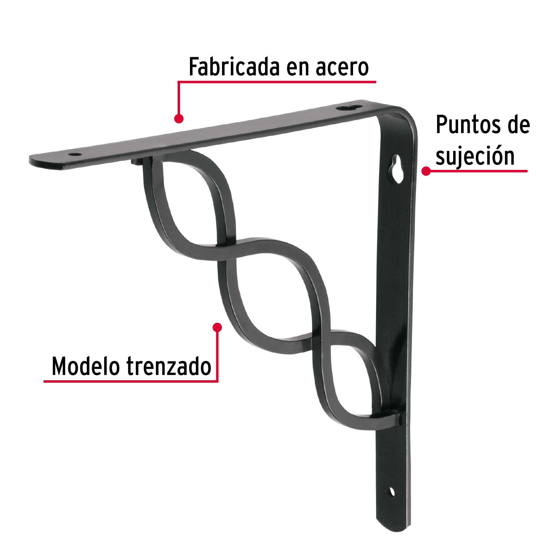 Ménsula reforzada negra 8 x 8" diseño trenza, Fiero