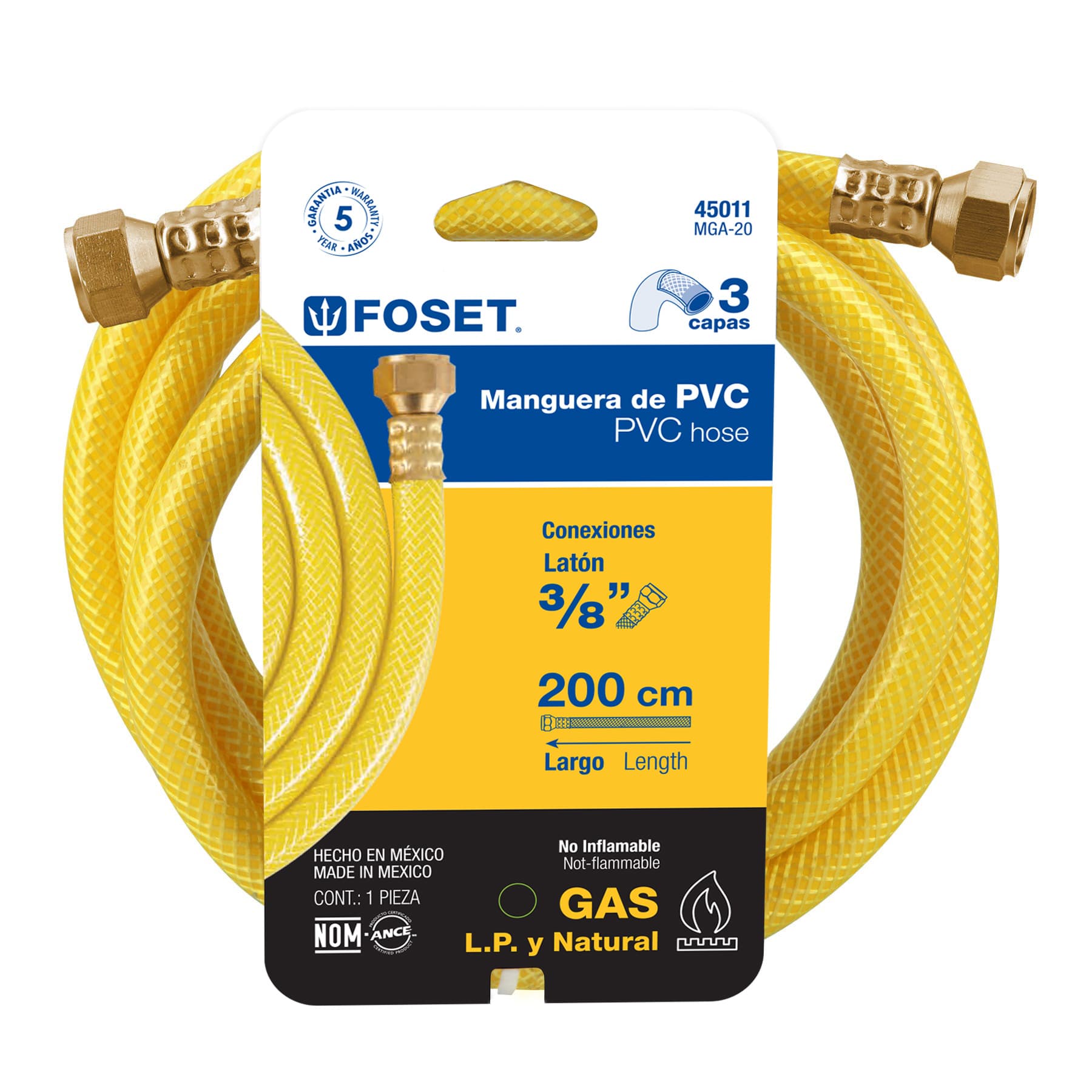Manguera para gas, PVC amarilla, 3/8"x2 m, con conexión, Foset