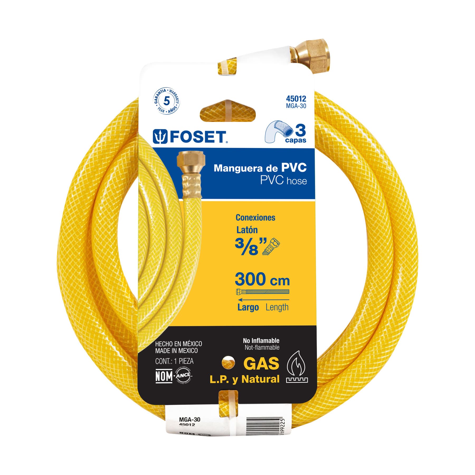 Manguera para gas, PVC amarilla, 3/8"x3 m, con conexión, Foset