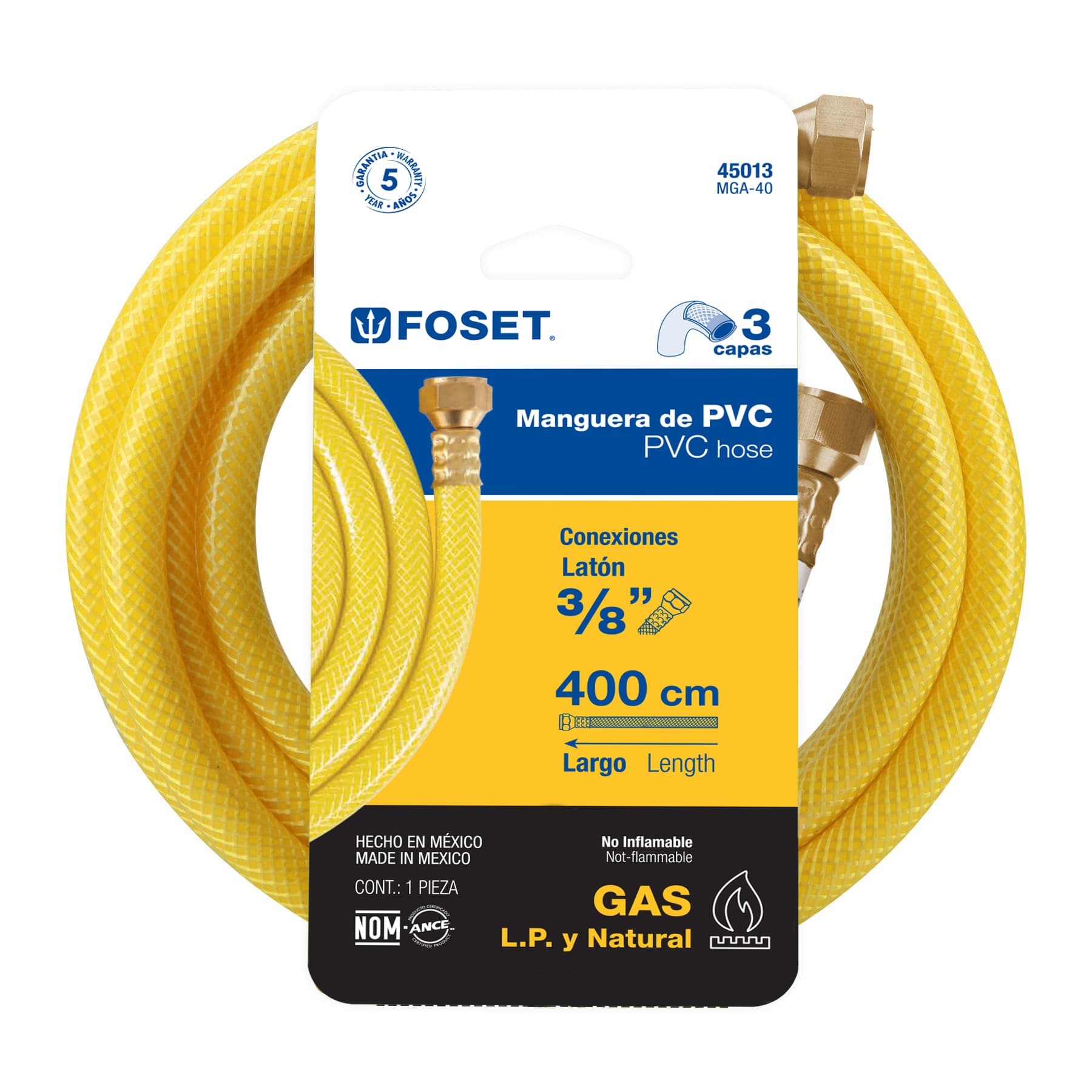 Manguera para gas, PVC amarilla, 3/8"x4 m, con conexión, Foset